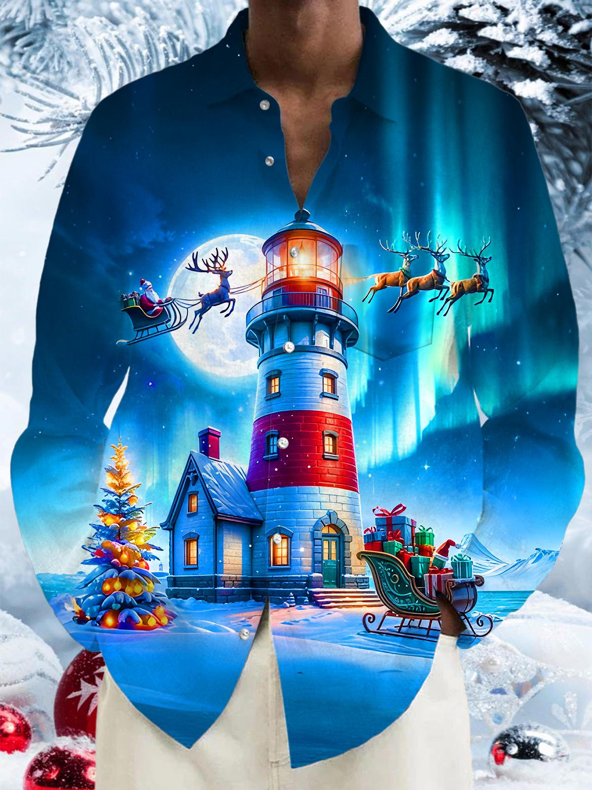 Funny Christmas Lighthouse Aurora Snow Xmas Men's Pocket Long Sleeve Shirts