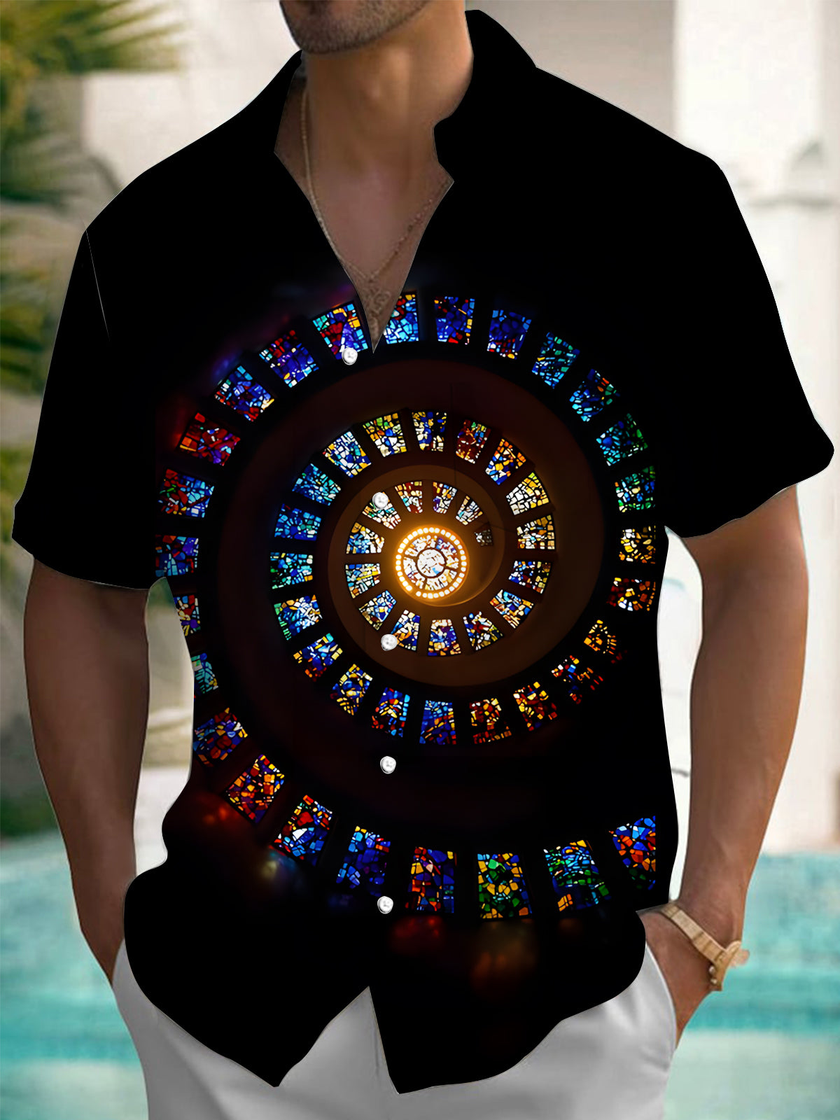 Church Stained Glass Window Print Men's Pocket Short Sleeve Shirts
