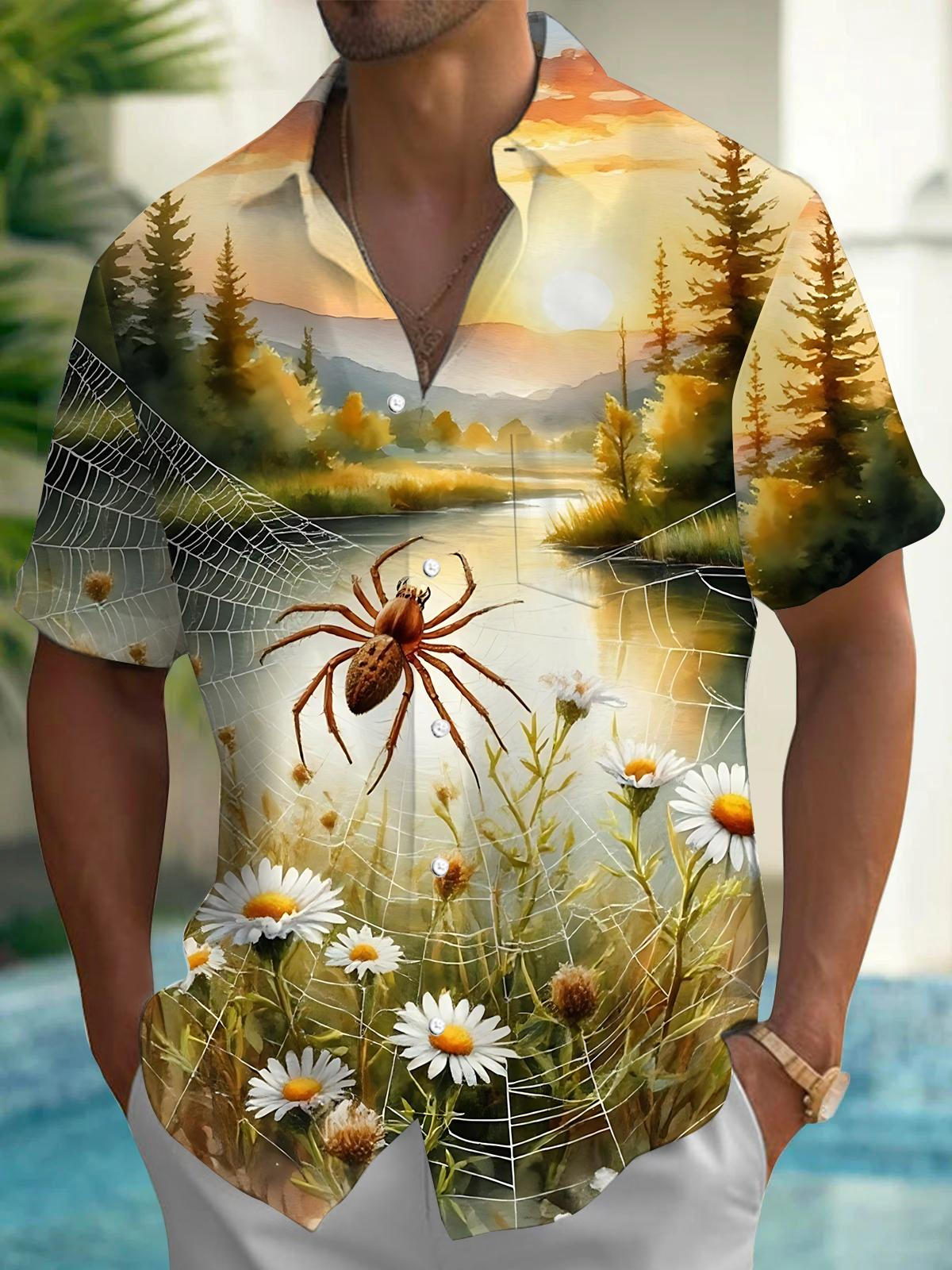 Spider Daisy Landscape Print Men's Pocket Short Sleeve Shirts