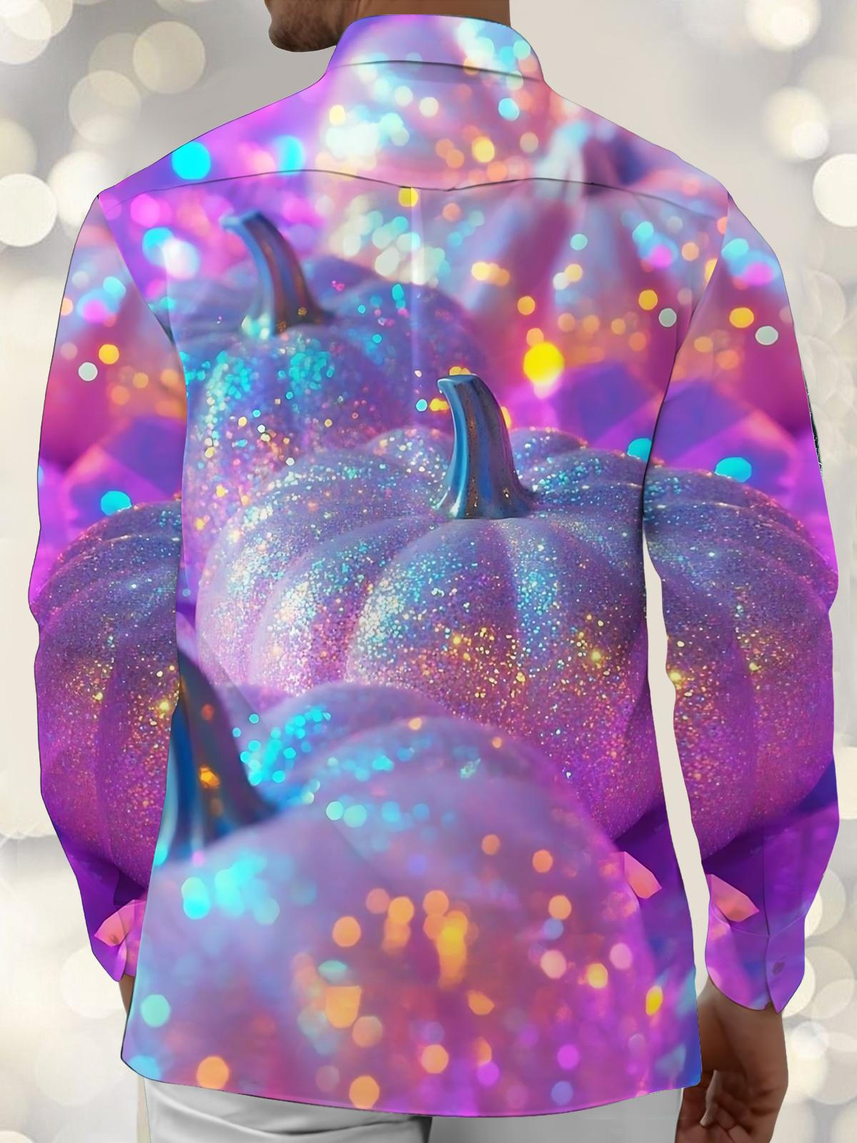 Gradient Pumpkin Print Men's Pocket Long Sleeve Shirts