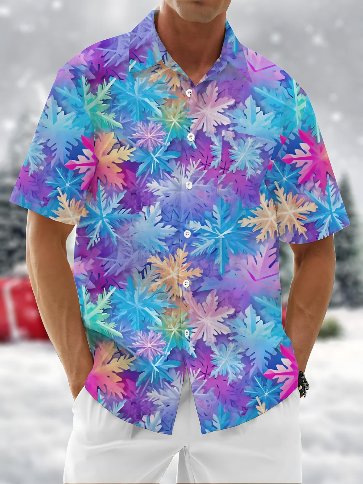 Snowflake Print Men's Pocket Short Sleeve Shirts