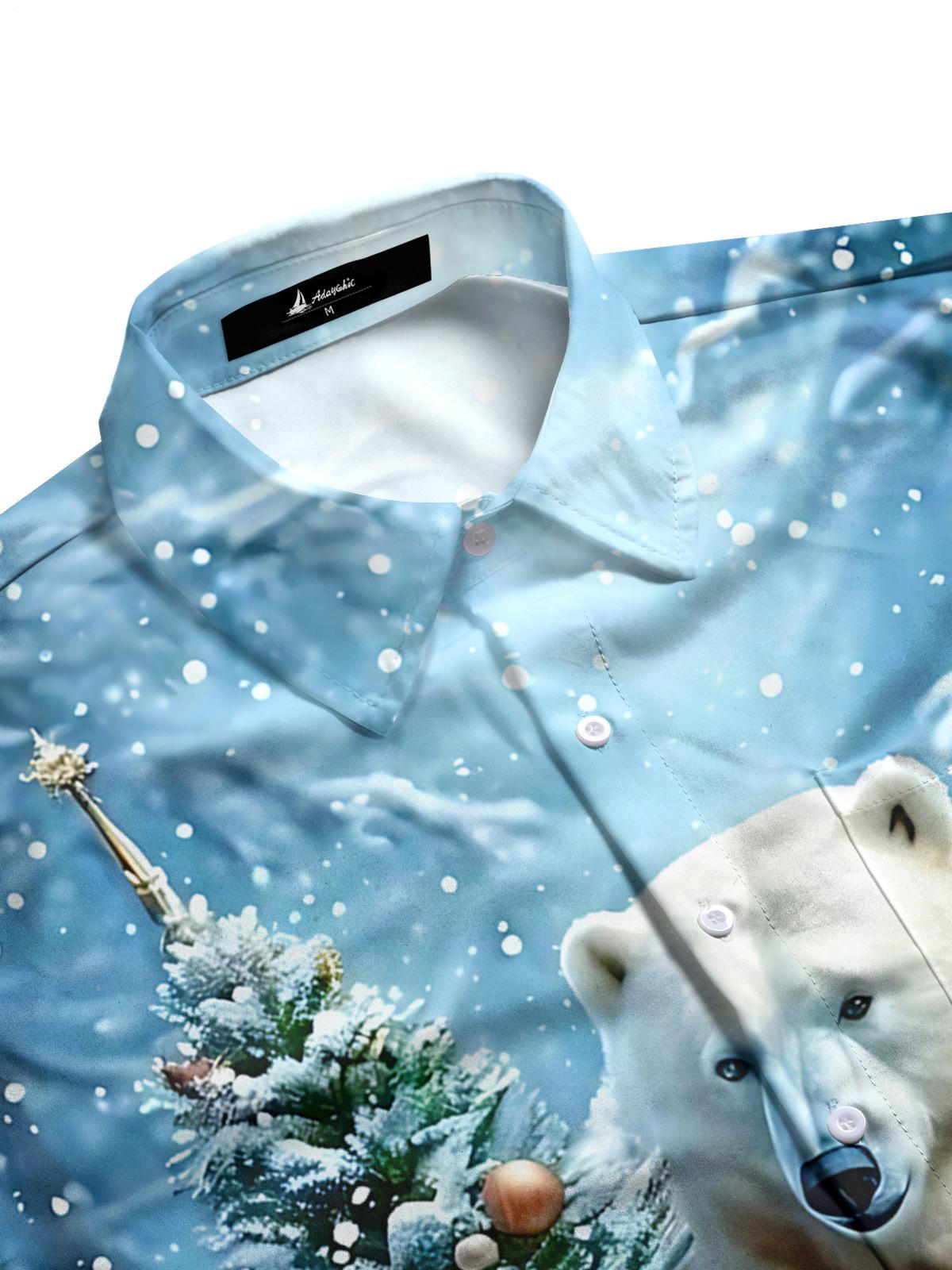 Christmas Tree Polar Bear Print Men's Pocket Short Sleeve Shirts