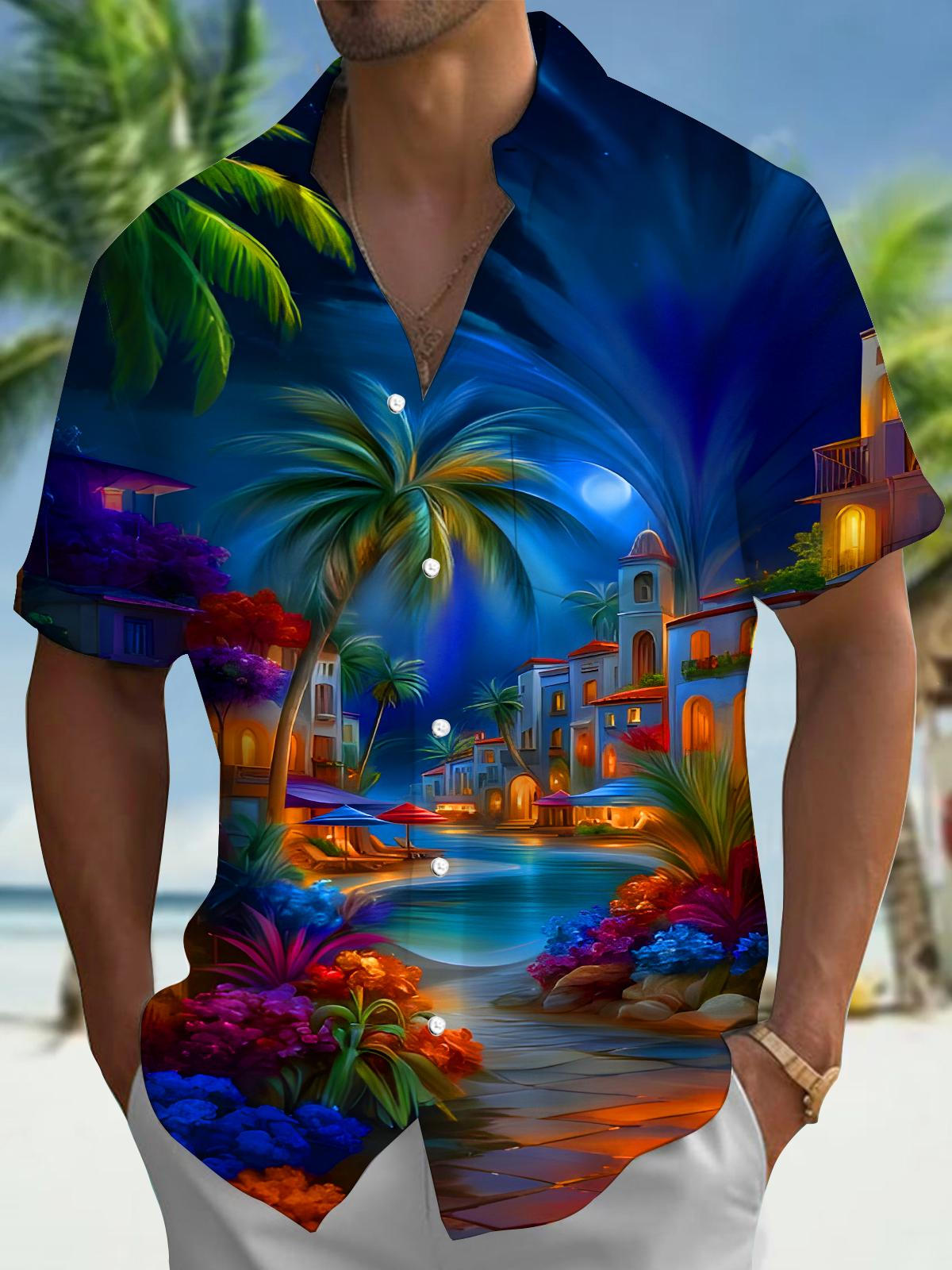 Art Coconut Trees Moon Houses Dark Night Men's Pocket Short Sleeve Shirts