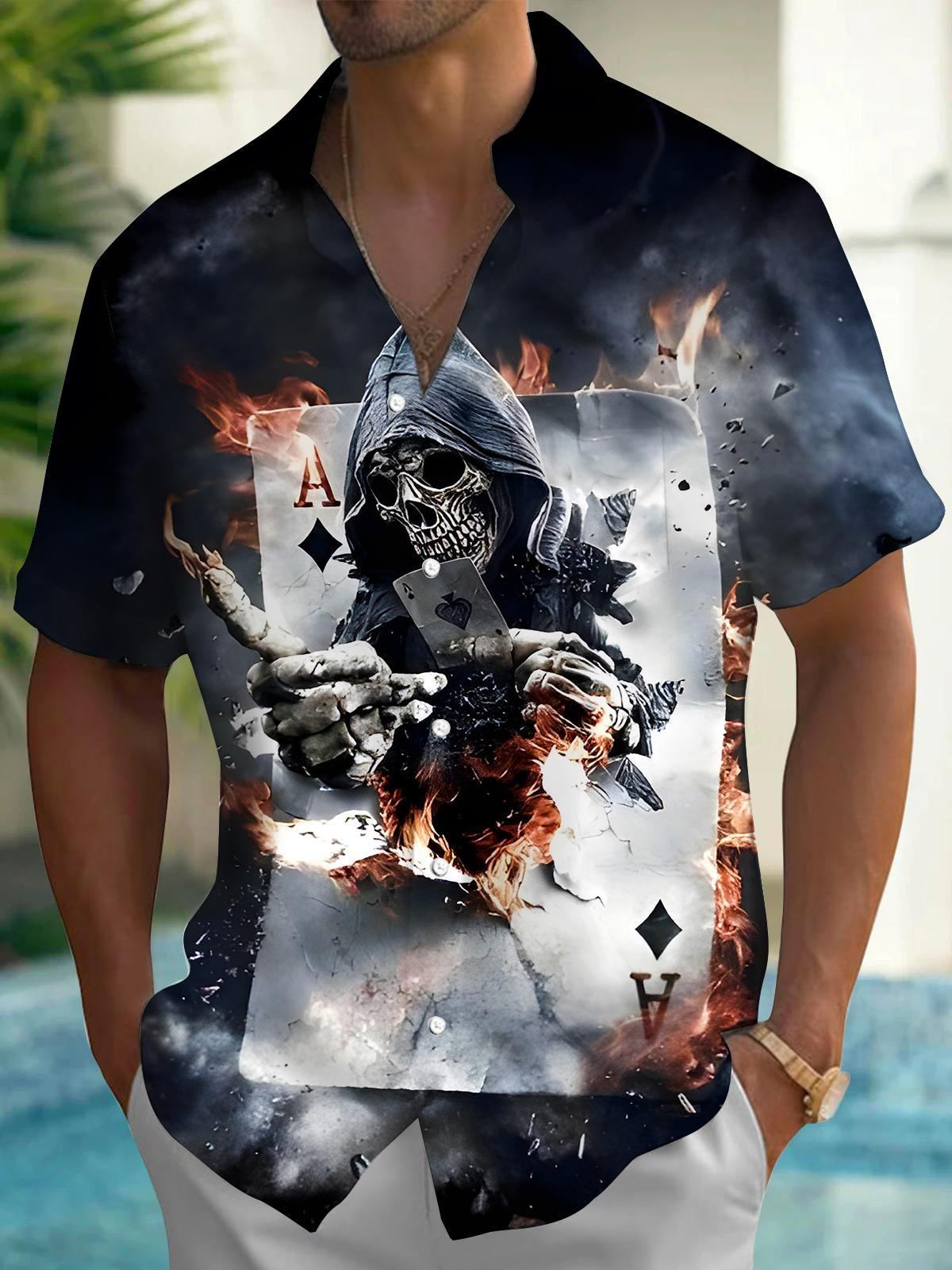 Poker Skull Men's Pocket Short Sleeve Shirts