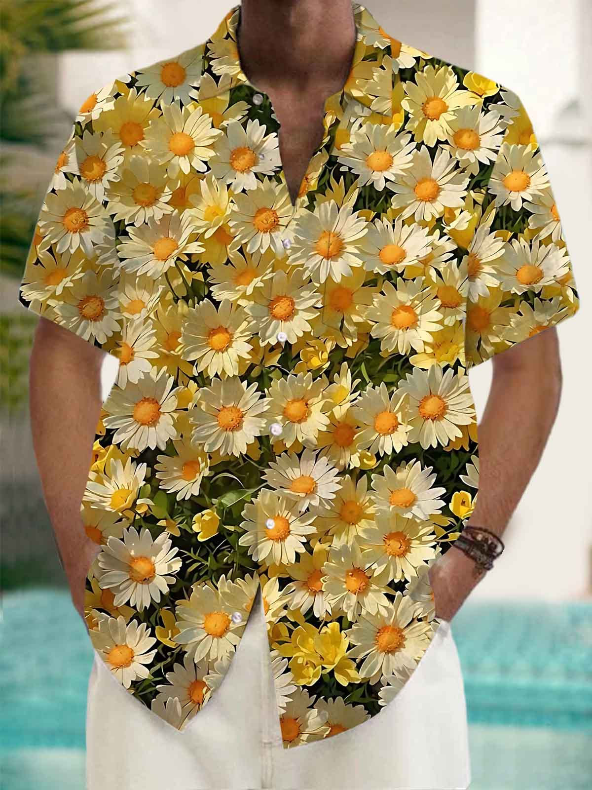 Daisy Print Men's Pocket Short Sleeve Shirts