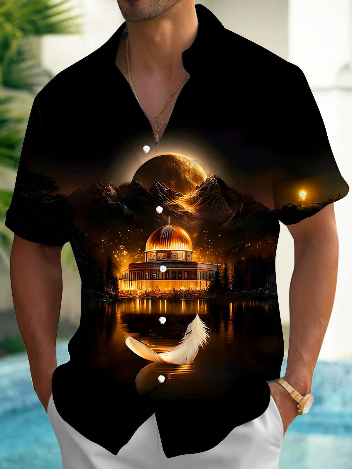 Dark Feathers Domed Building Full Moon Reflection Men's Pocket Short Sleeve Shirts