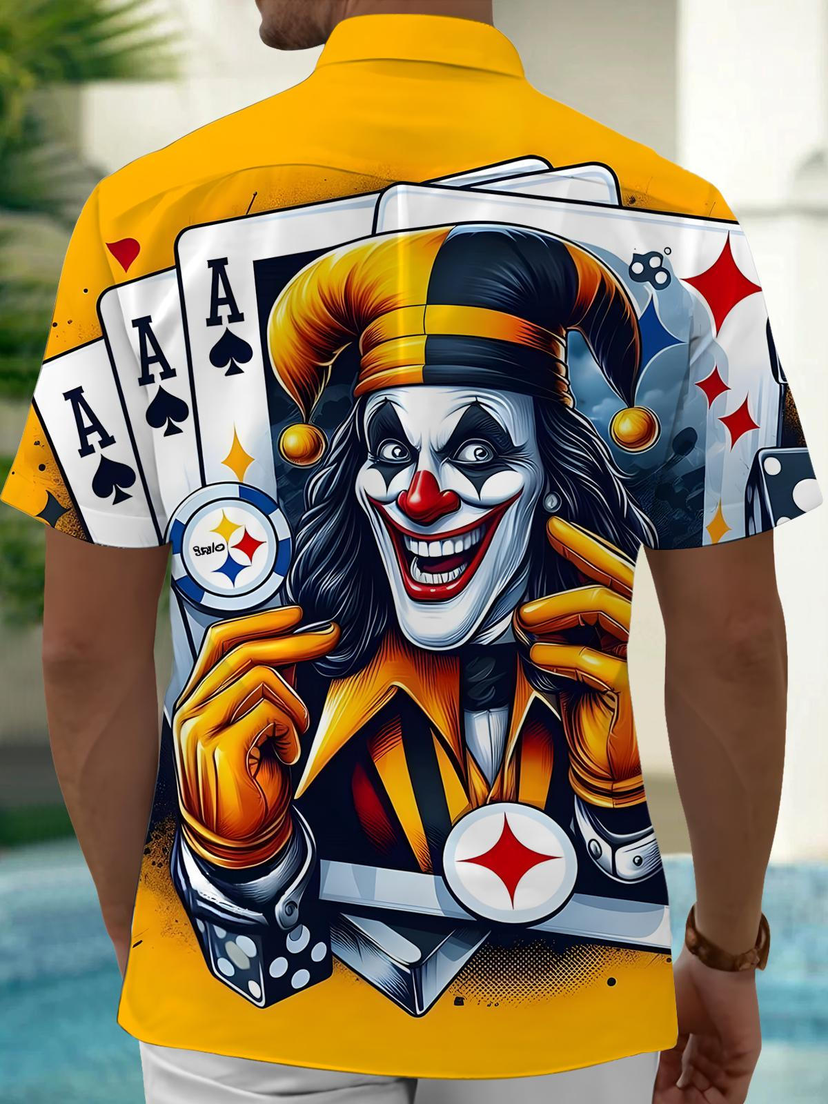 Fun Poker Clown Print Men's Pocket Short Sleeve Shirts