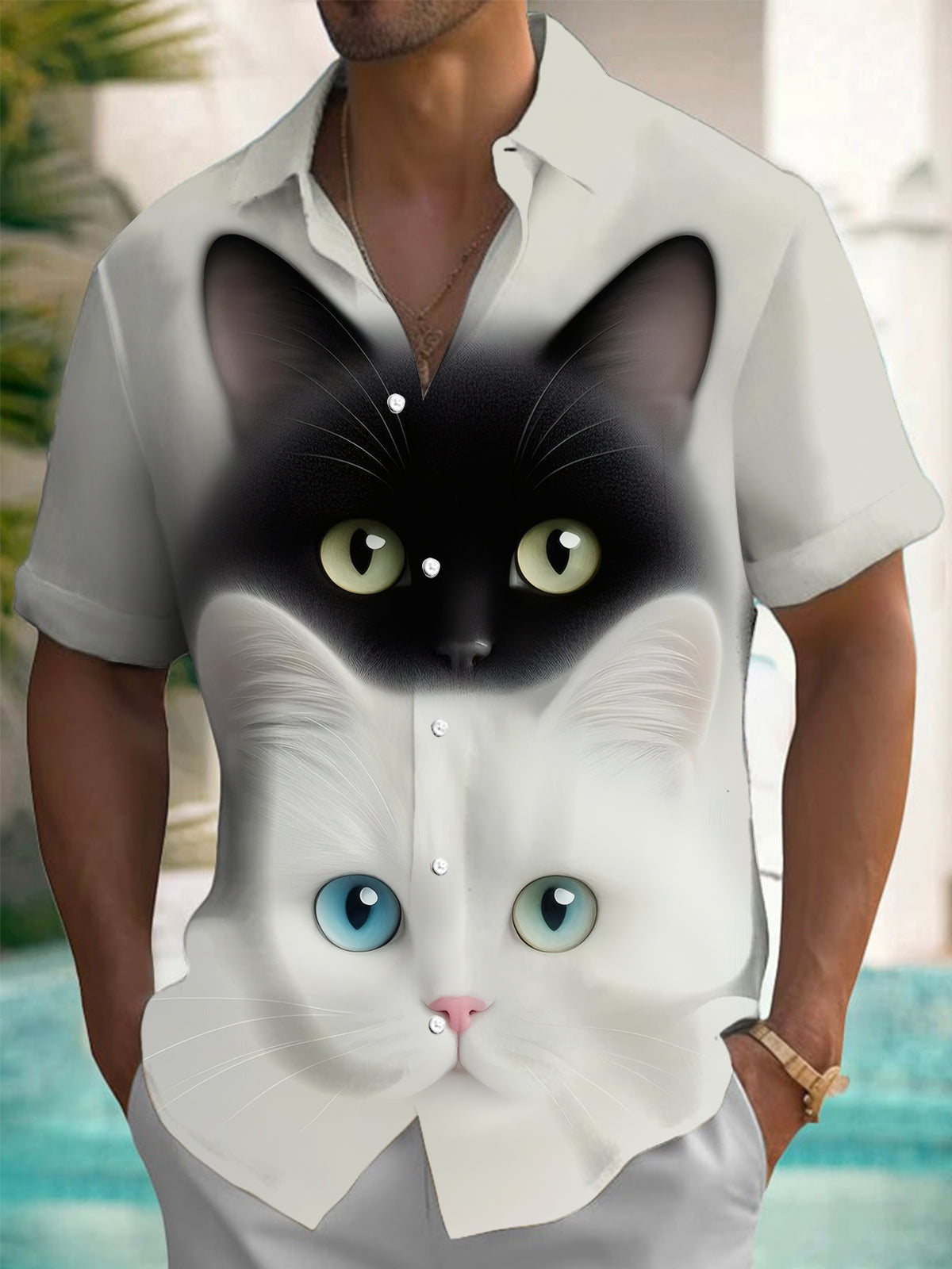 Cat Print Men's Pocket Short Sleeve Shirts