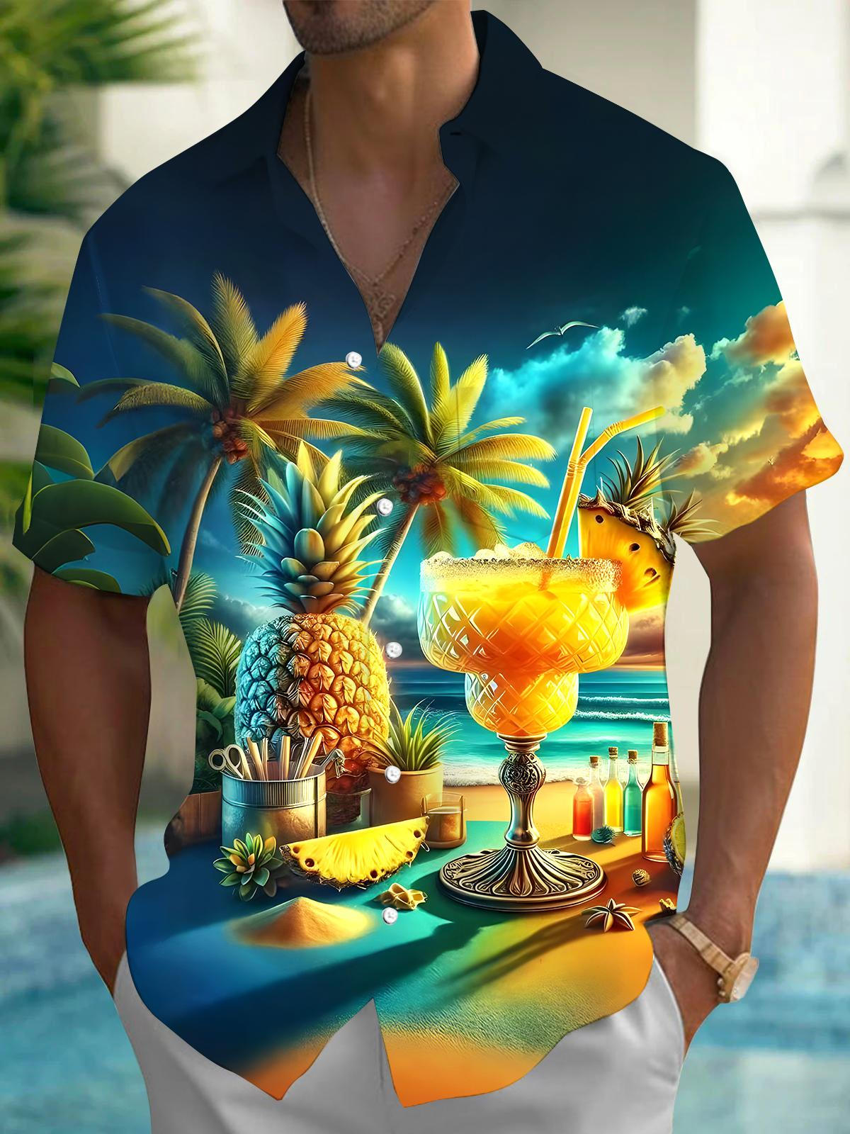Hawaiian Cocktail Pineapple Men's Pocket Short Sleeve Shirts