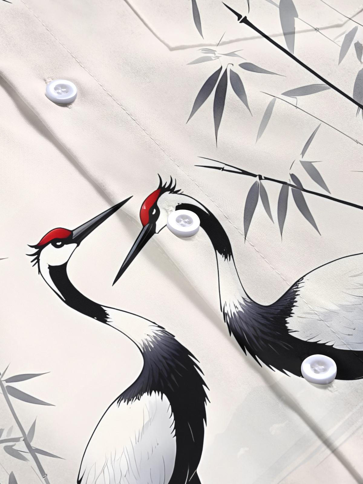 Red Crowned Crane Bamboo Print Men's Pocket Short Sleeve Shirts