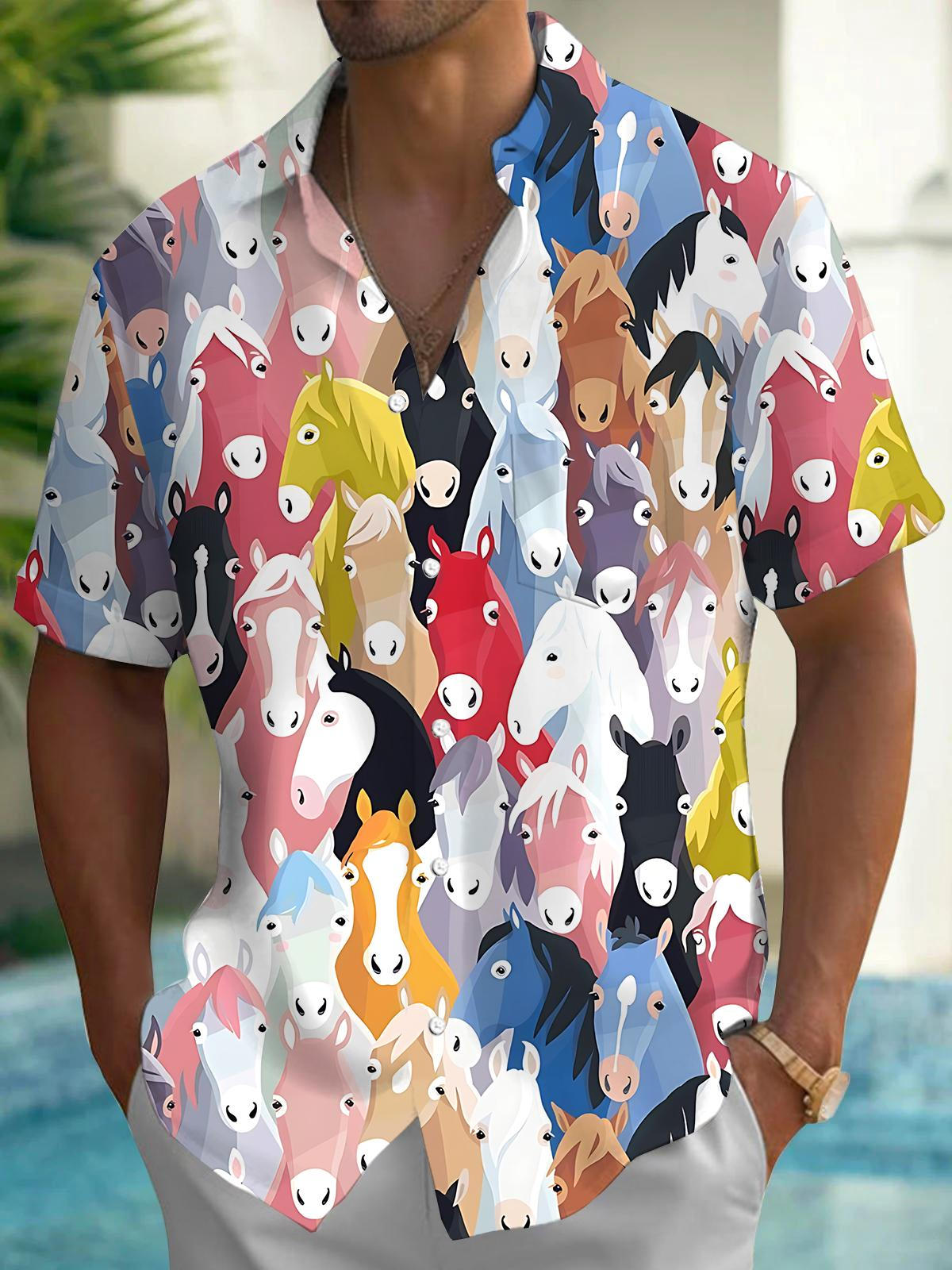 Horse Print Men's Pocket Short Sleeve Shirts