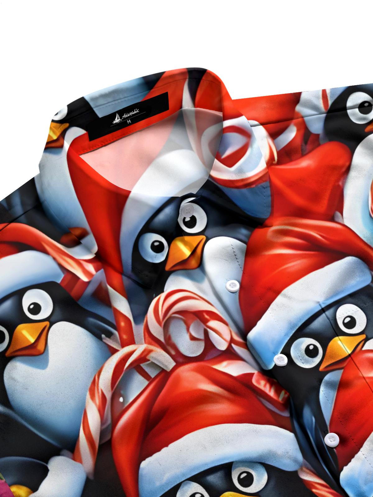 Christmas Penguin Print Men's Pocket Short Sleeve Shirts