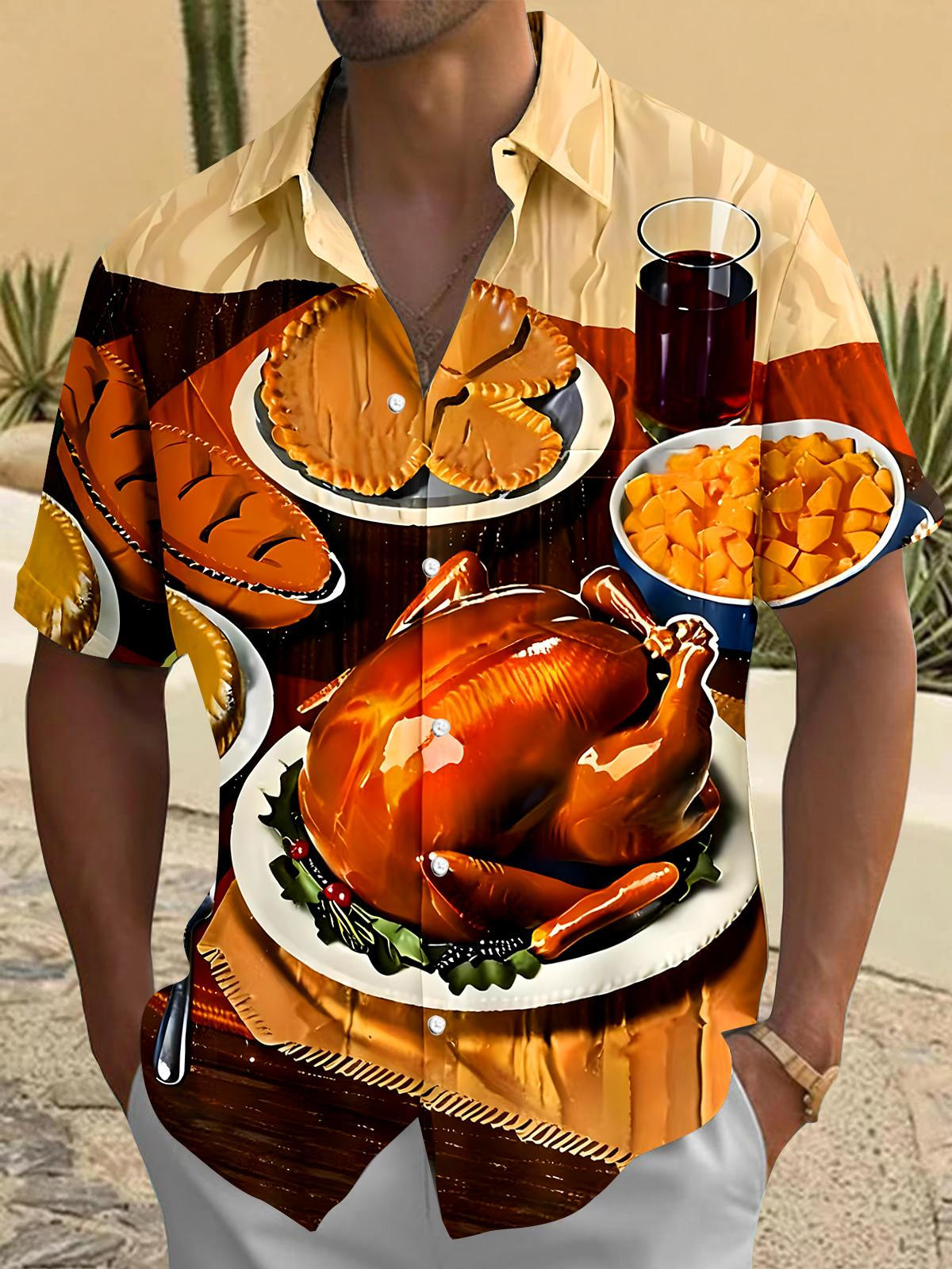 Christmas Dinner Turkey Men's Pocket Short Sleeve Shirts