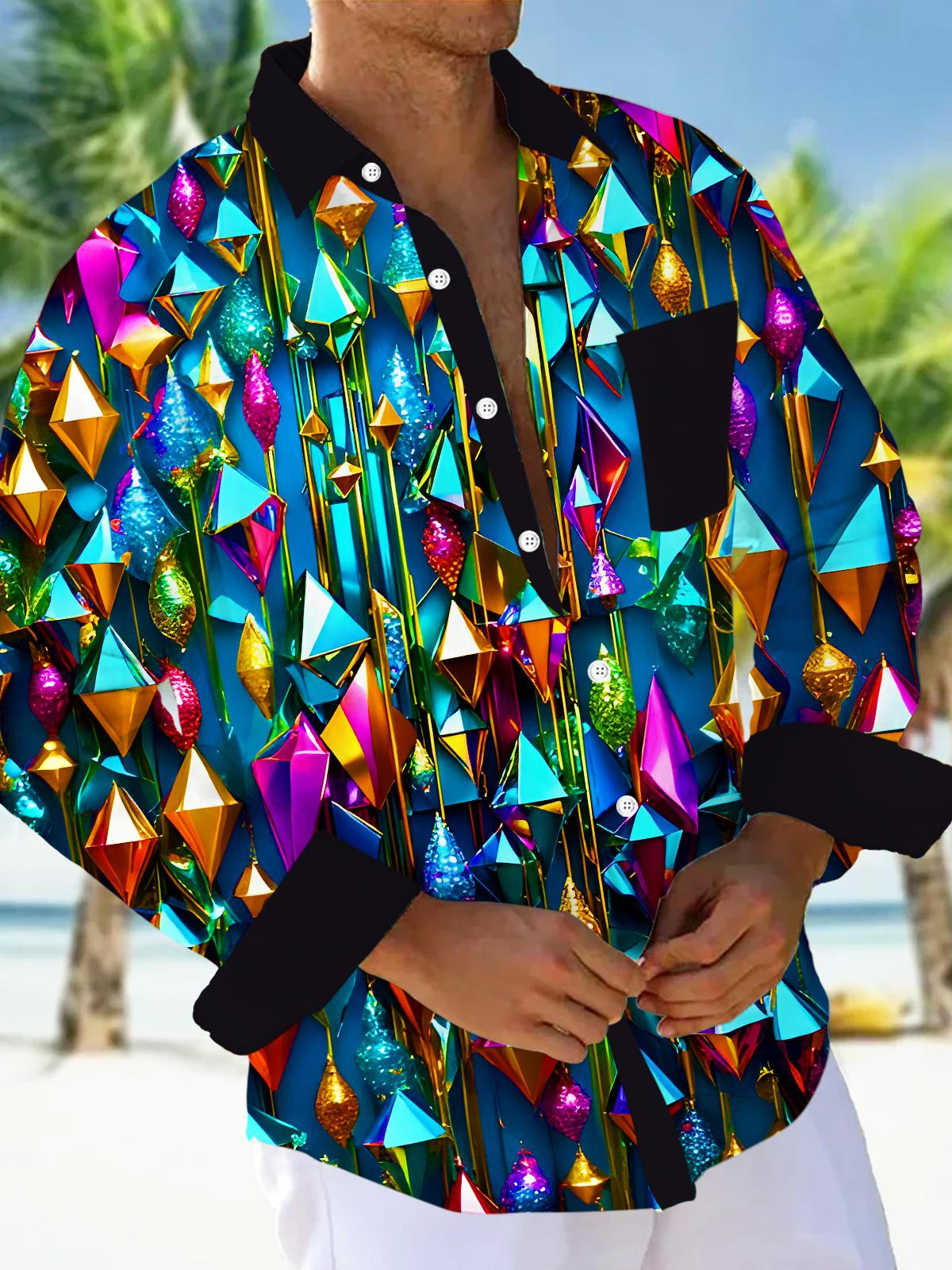 Shiny Colorful Metallic-textured Geometric Pyramids Men's Pocket Long Sleeve Shirts