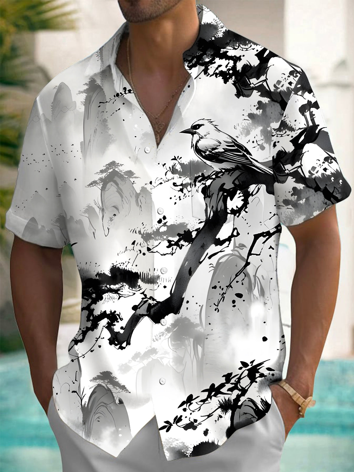 Plant Bird Ink Painting Art Print Men's Pocket Short Sleeve Shirts