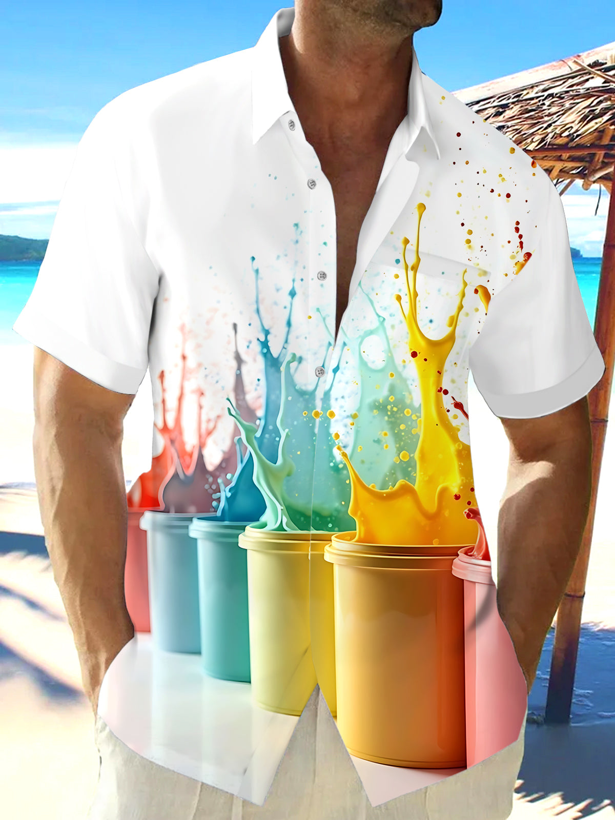 Paint Print Men's Pocket Short Sleeve Shirts