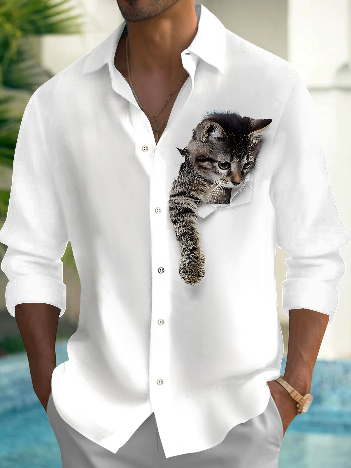 Cat Print Men's Pocket Long Sleeve Shirts