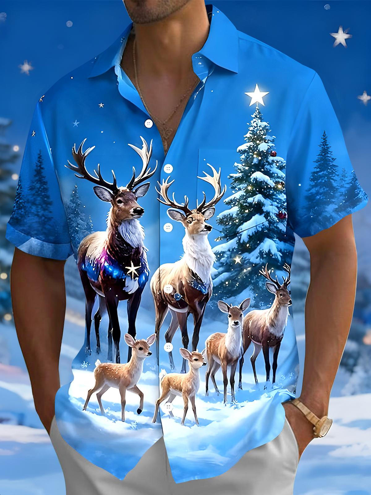 Winter Forest Deer Men's Pocket Short Sleeve Shirts