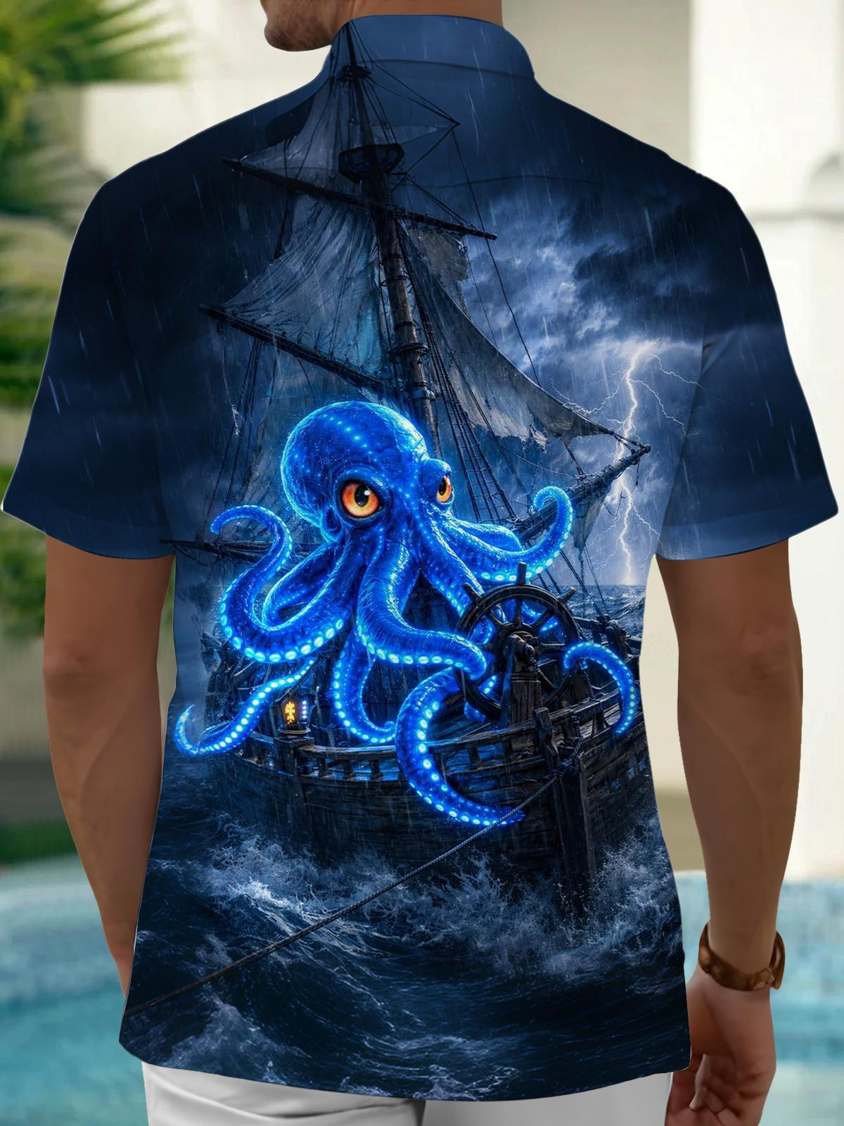 Octopus Print Men's Pocket Short Sleeve Shirts