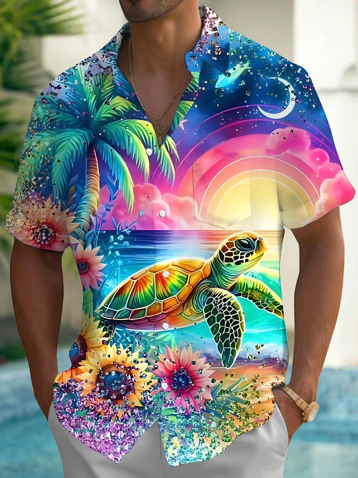 Turtle Sunflower Palm Tree Print Men's Pocket Short Sleeve Shirts