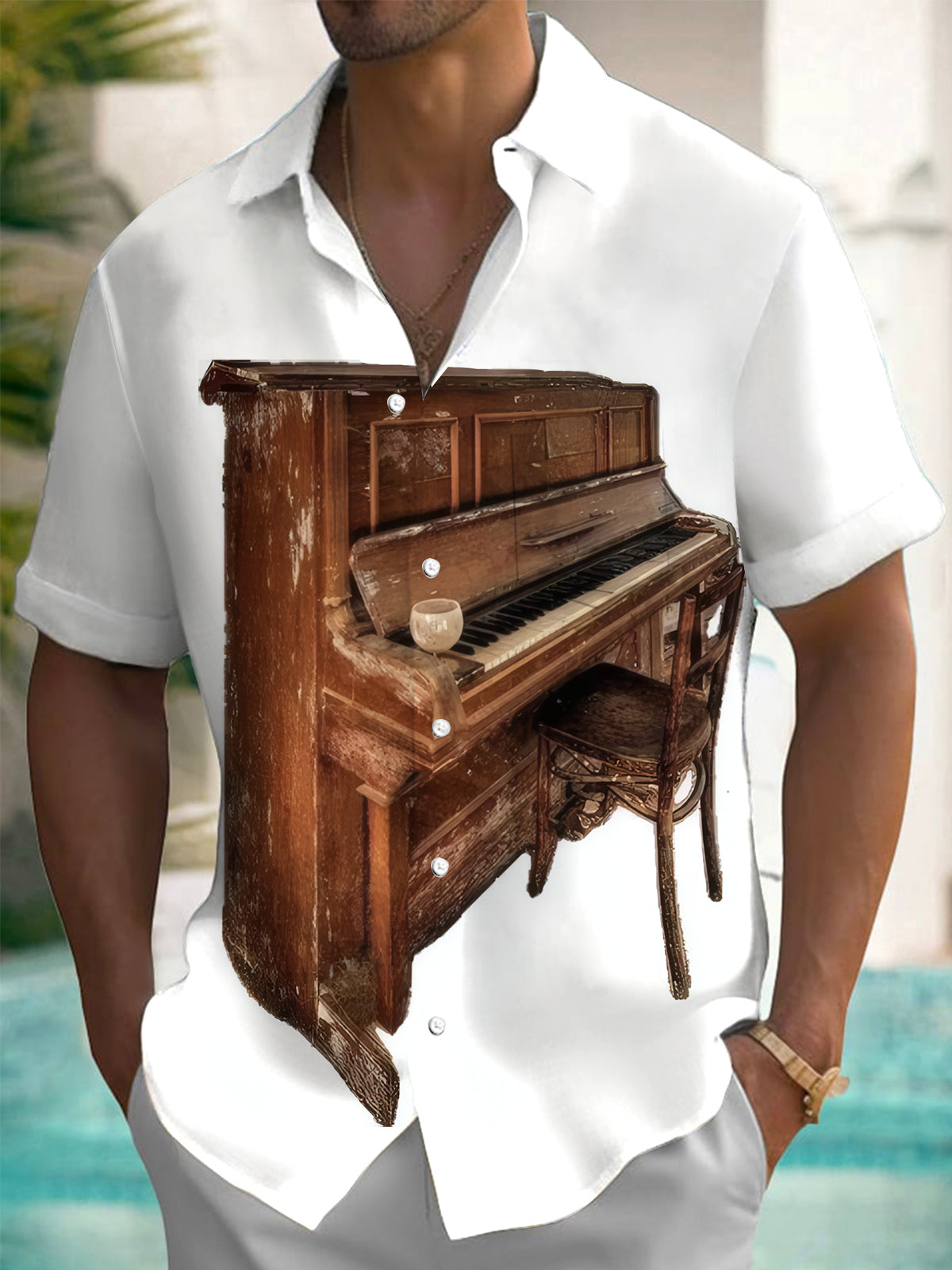 Vintage Old Piano Print Men's Pocket Short Sleeve Shirts