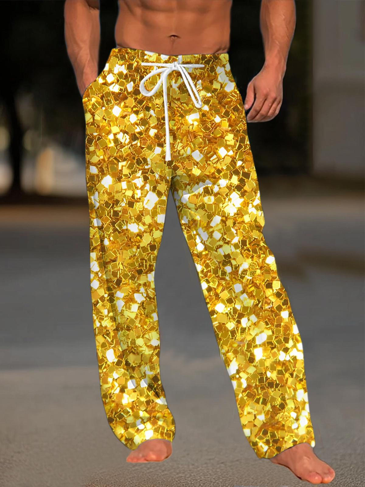 Gold Flash Print Men's Casual Elastic Waist Pants