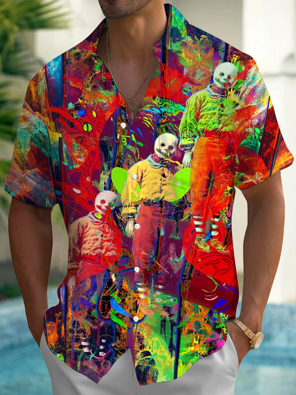 Abstract Skull Art Print Men's Pocket Short Sleeve Shirts