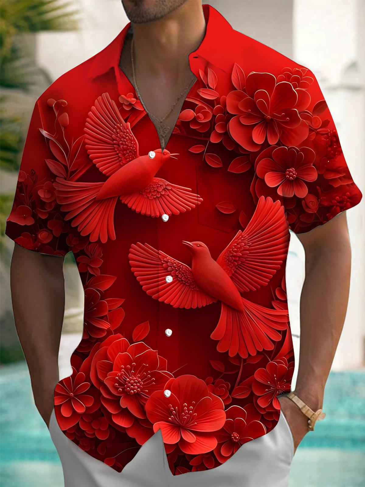 Floral Bird Print Men's Pocket Short Sleeve Shirts