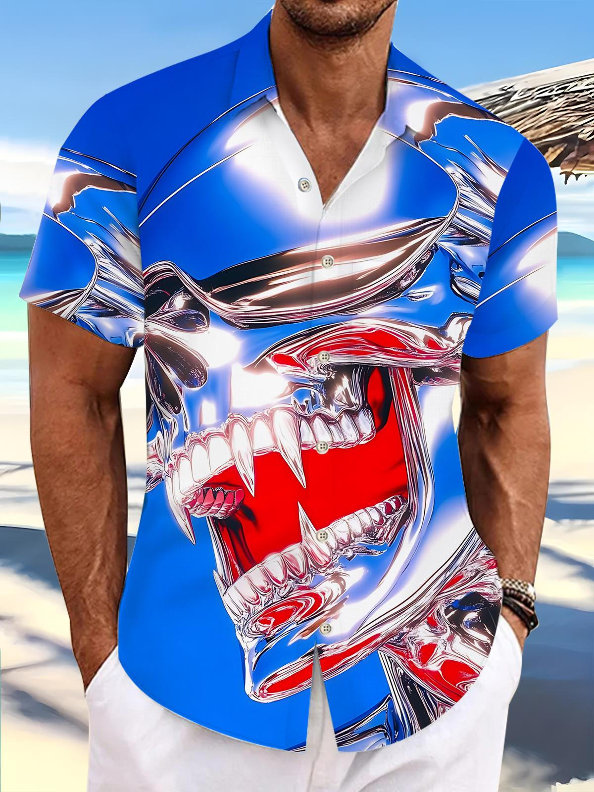 Skull Print Men's Pocket Short Sleeve Shirts