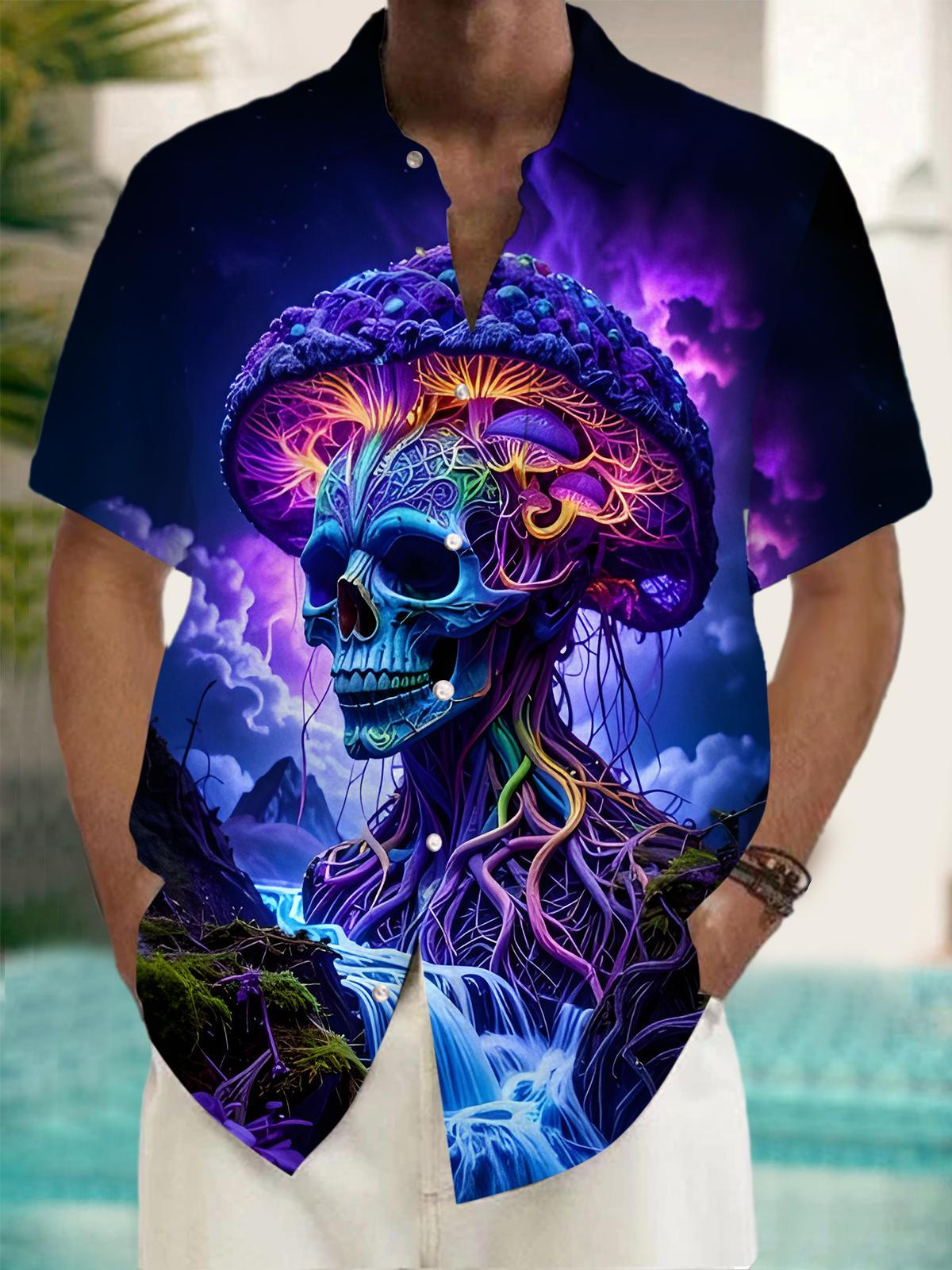 Mushroom Skull Print Men's Pocket Short Sleeve Shirts