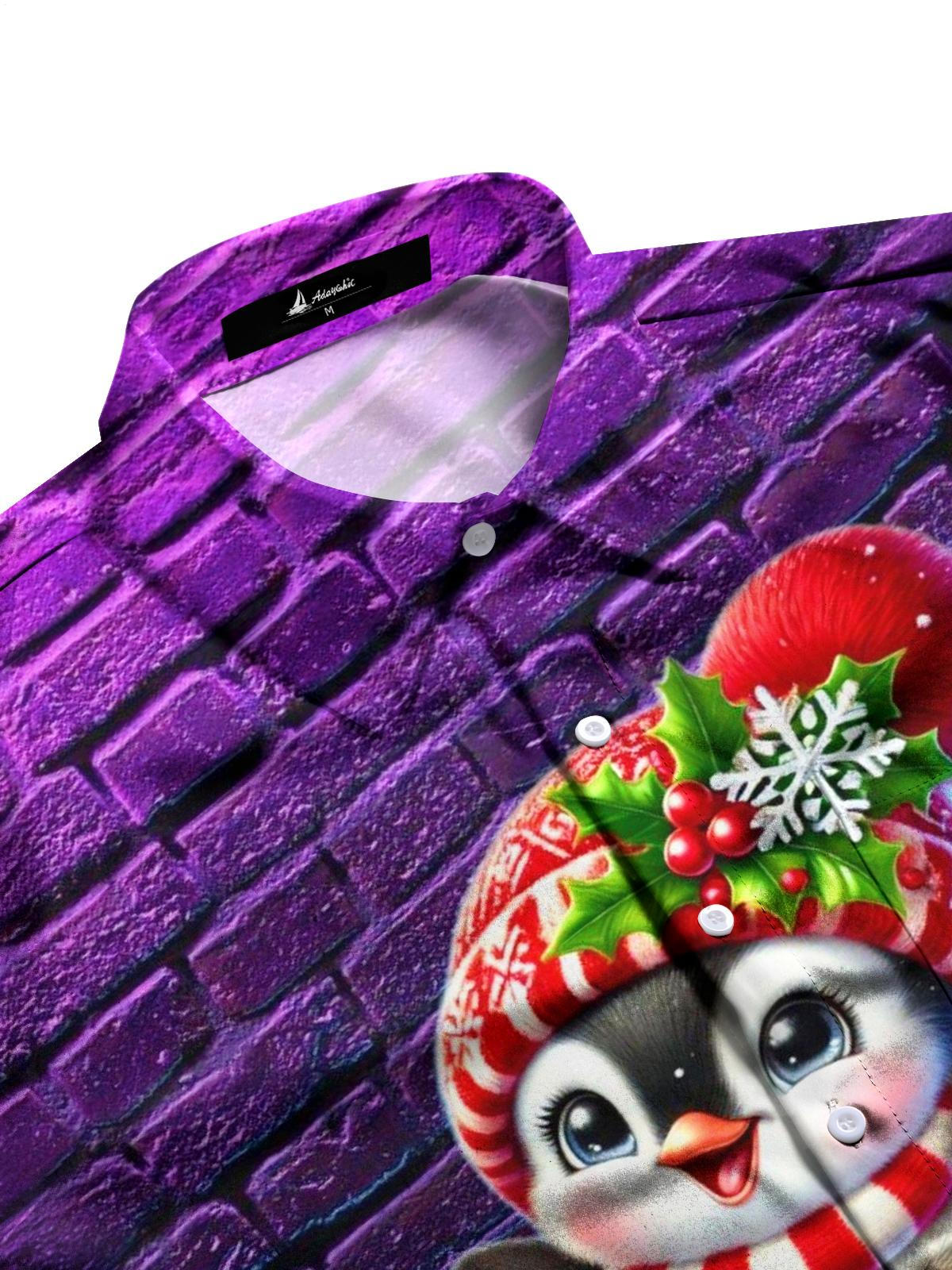 Christmas Penguin Print Men's Pocket Long Sleeve Shirts