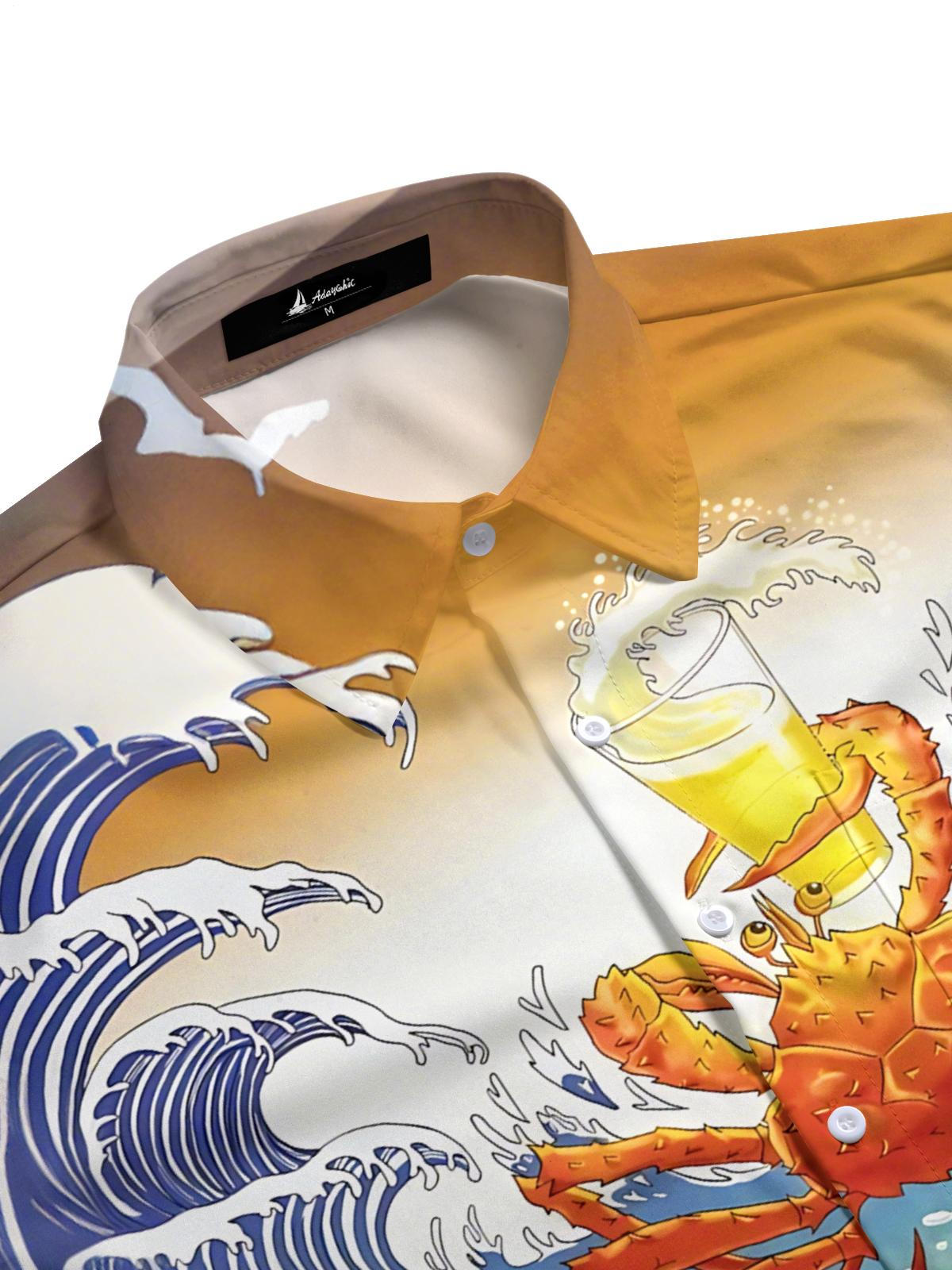 Ukiyo-e Marine Life Beer Print Men's Pocket Short Sleeve Shirts