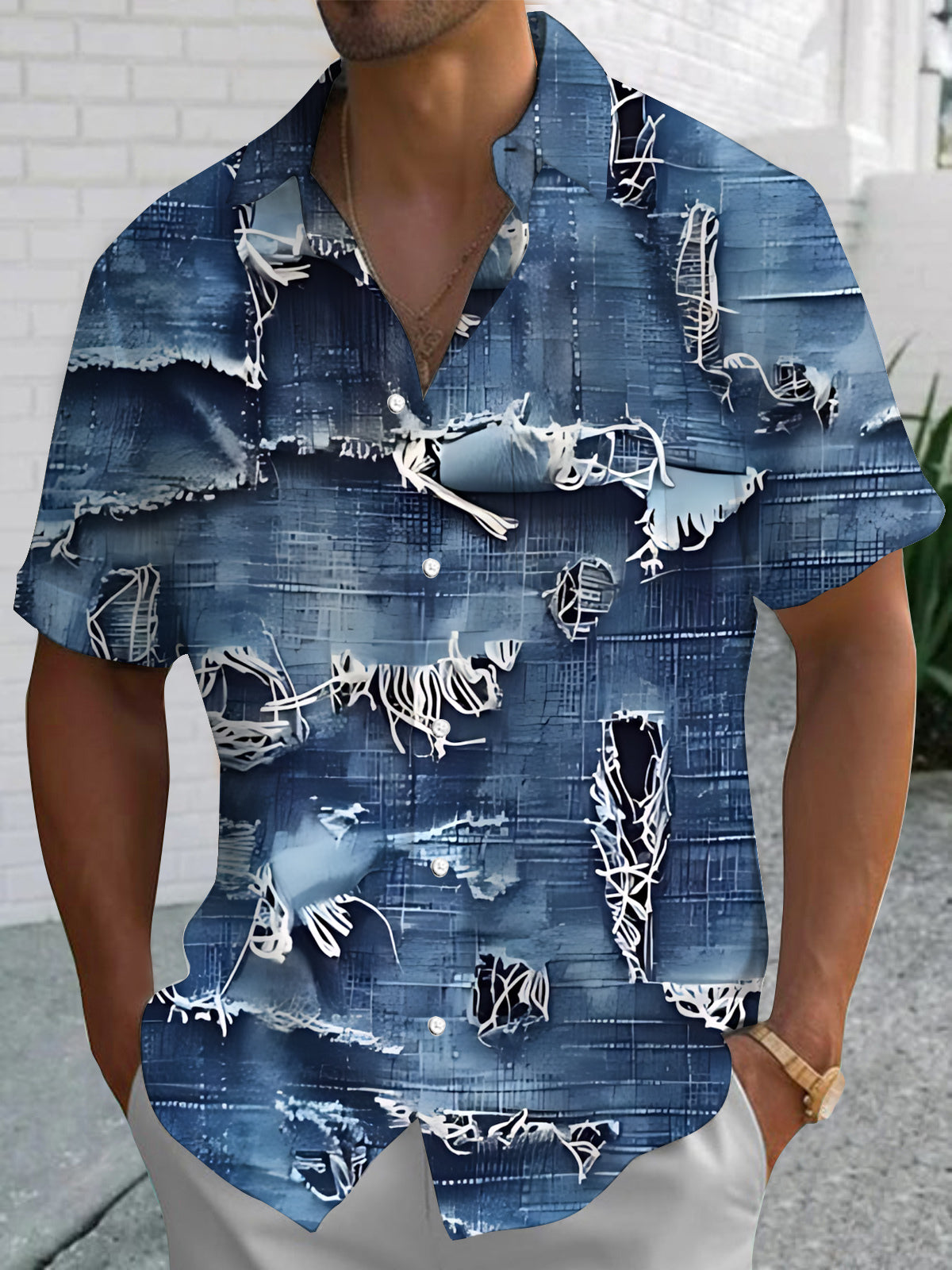Denim Pattern Print Men's Pocket Short Sleeve Shirts