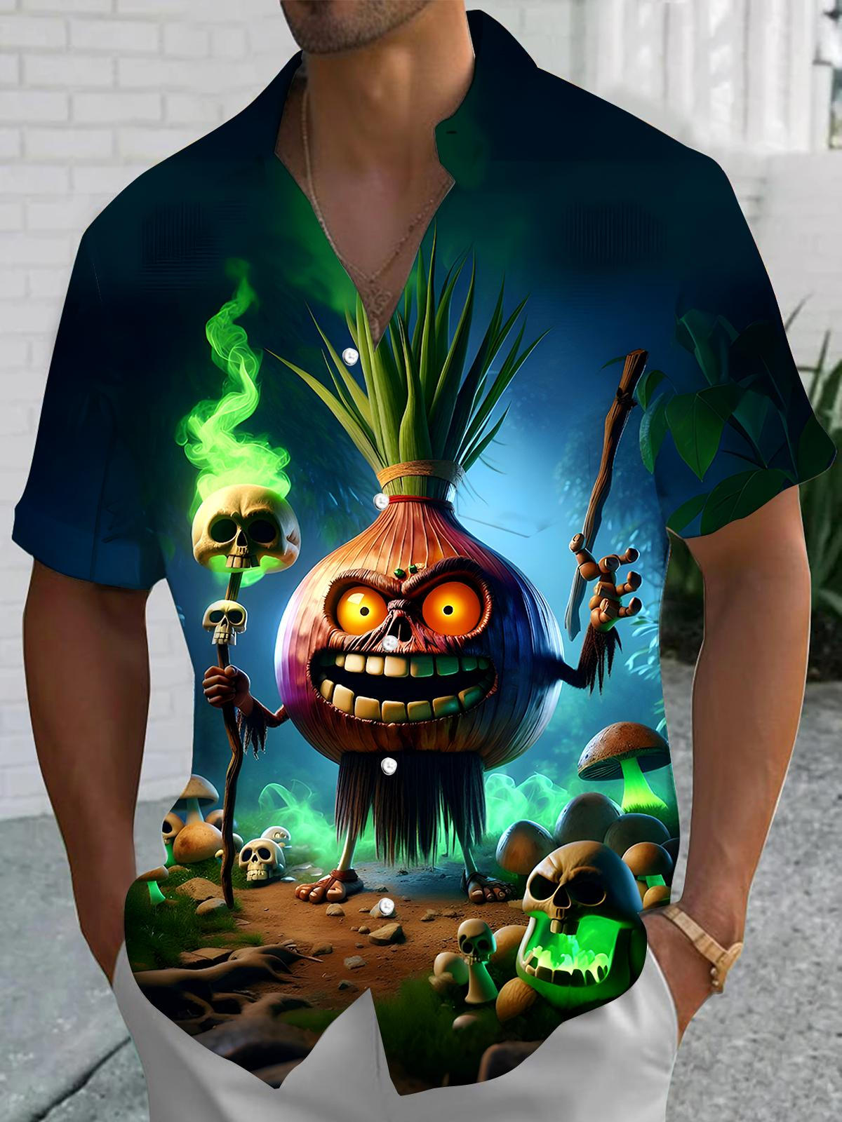 Funny Vegetable Onion Skull Men's Pocket Short Sleeve Shirts