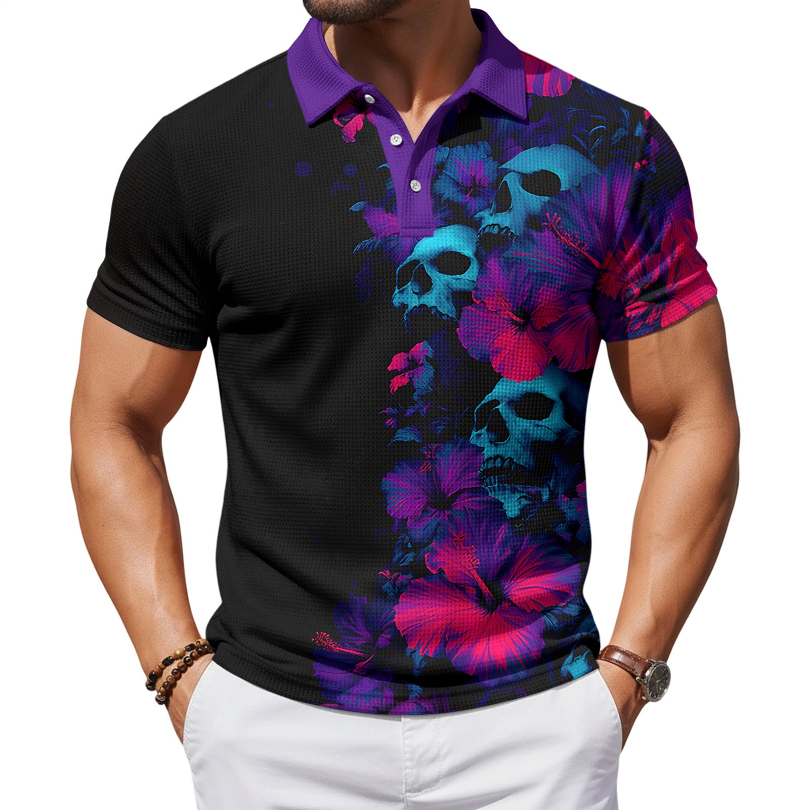 Skull Collared Tee Shirt for Men Waffle Floral Summer Short Sleeve Fashion Button Graphic Tee Shirt for Beach consistent