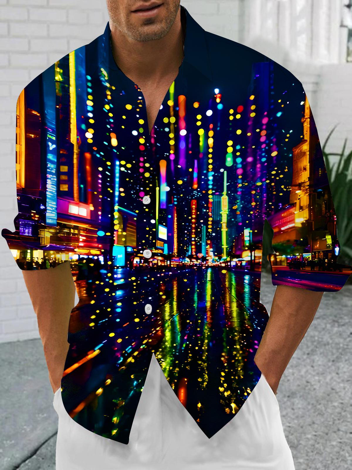 Psychedelic Colorful Neon City Street Scene Men's Pocket Long Sleeve Shirts