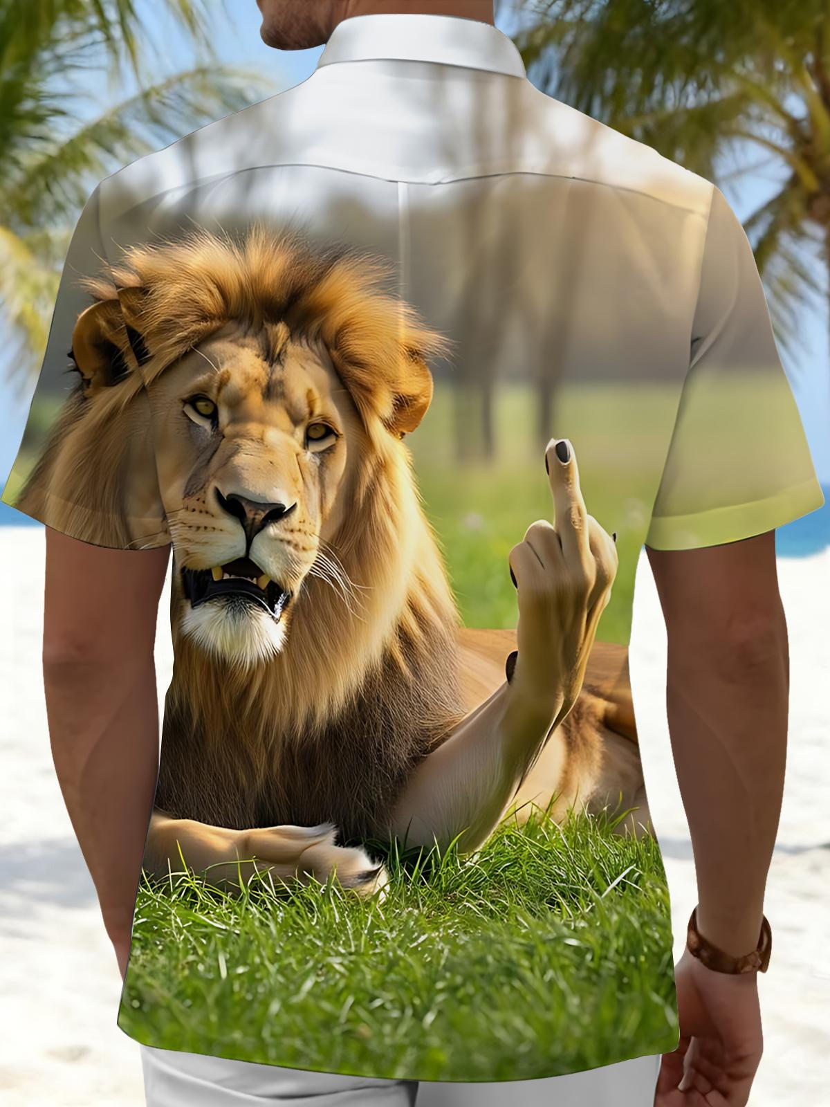 Animal Lion Print Men's Pocket Short Sleeve Shirts