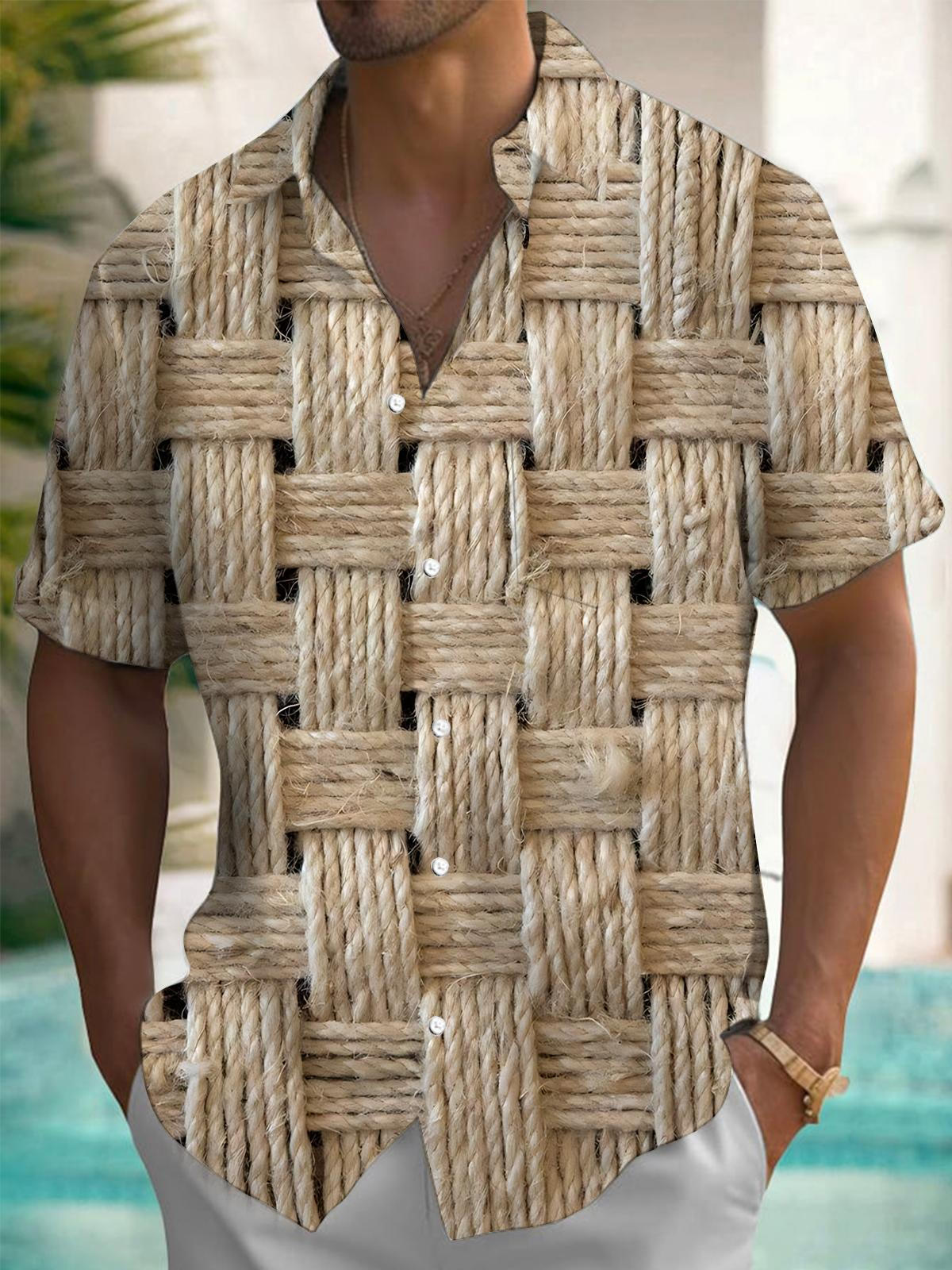 Woven Texture Print Men's Pocket Short Sleeve Shirts