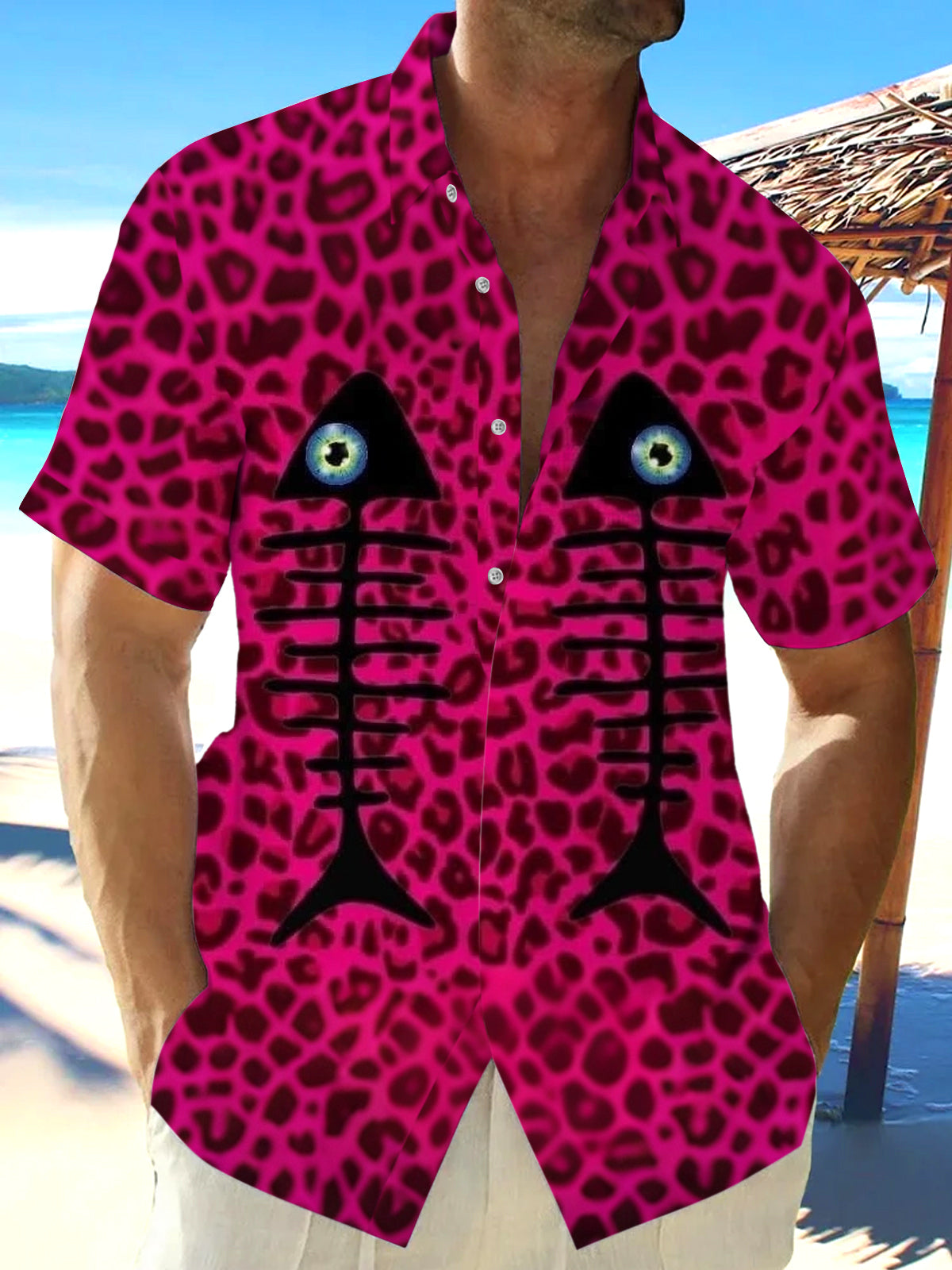 Fishbone Leopard Print Men's Pocket Short Sleeve Shirts