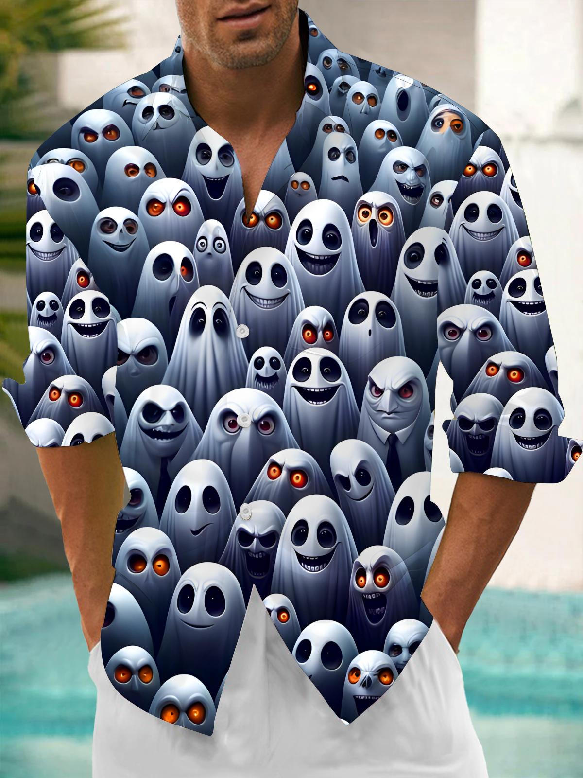 Funny Halloween Ghost Men's Pocket Long Sleeve Shirts