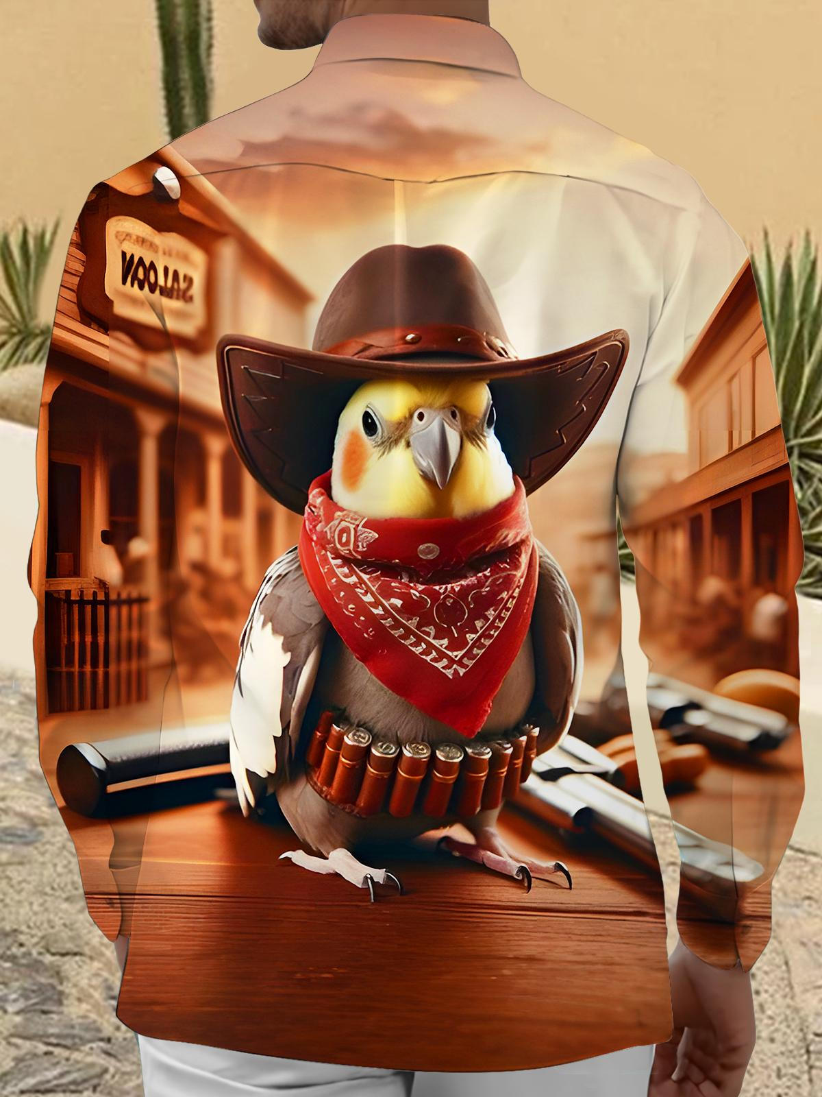 Funny Parrot Western Cowboy Men's Pocket Long Sleeve Shirts