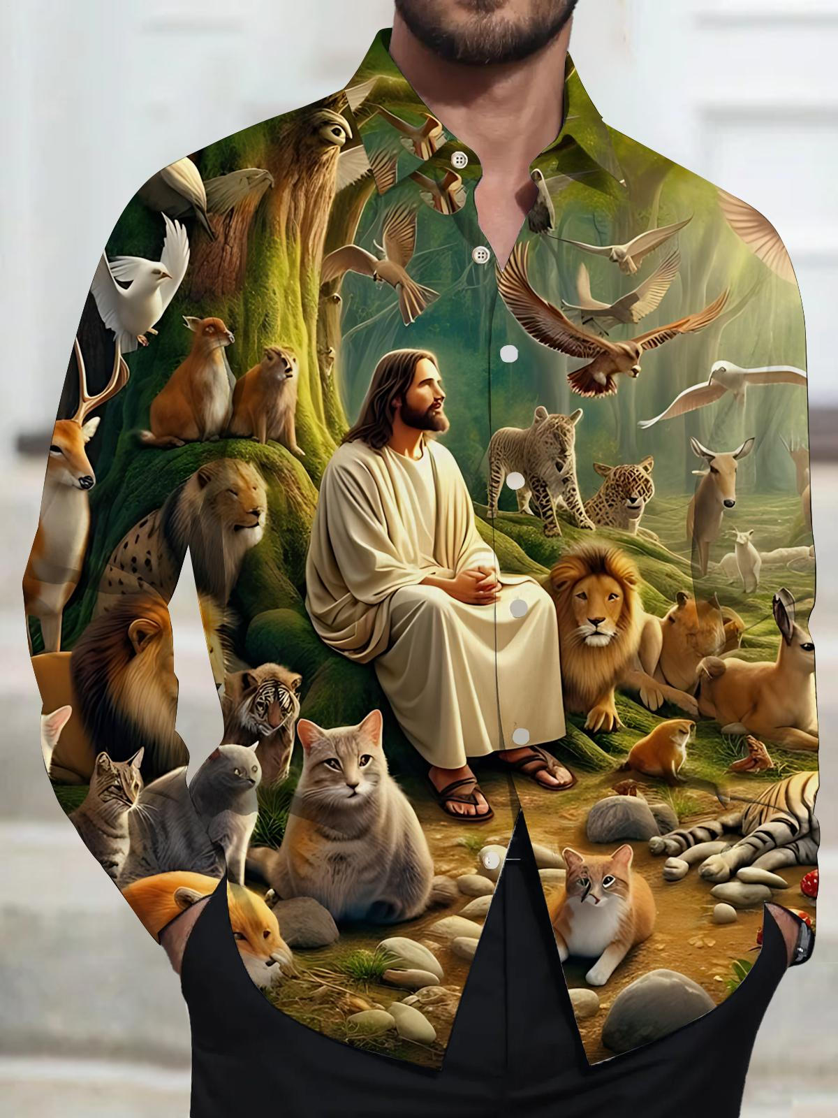 Forest Jesus Animal Print Men's Pocket Long Sleeve Shirts
