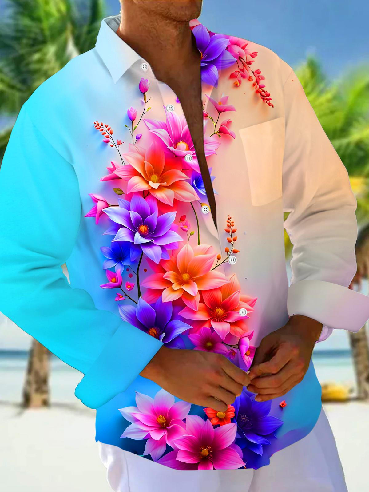Art Gradient Floral Men's Pocket Long Sleeve Shirts