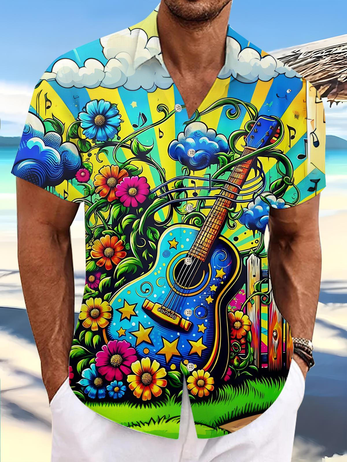 Guitar Flower Print Men's Pocket Short Sleeve Shirts