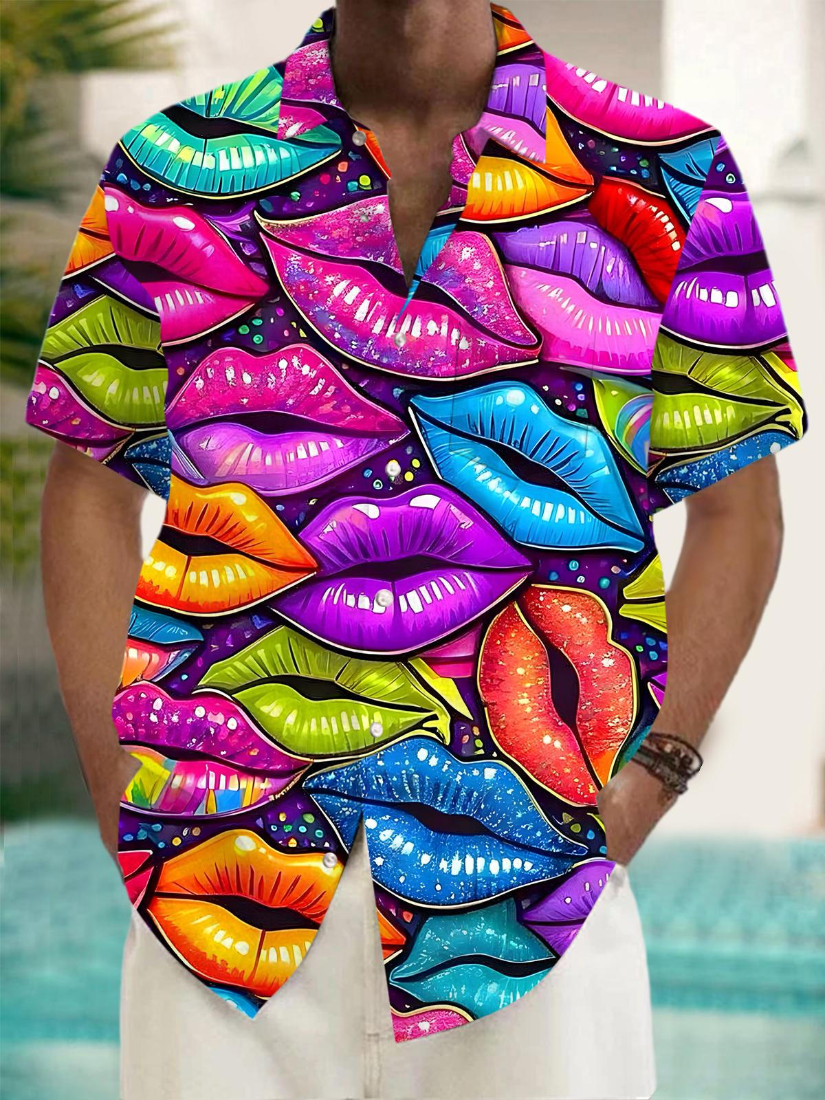 Lip Print Men's Pocket Short Sleeve Shirts