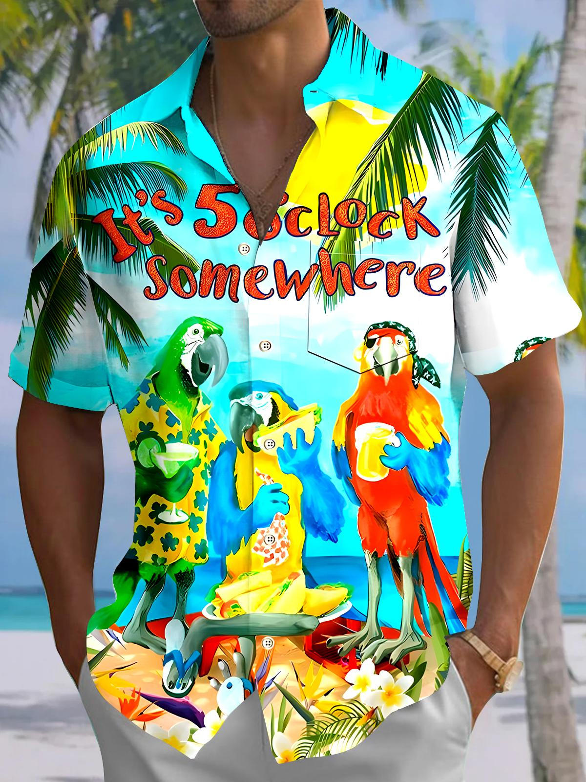 Hawaiian Coconut Tree Parrot Men's Pocket Short Sleeve Shirts