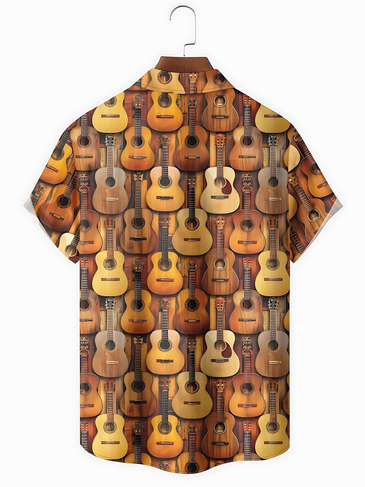 Vintage Guitar Print Men's Pocket Short Sleeve Shirts