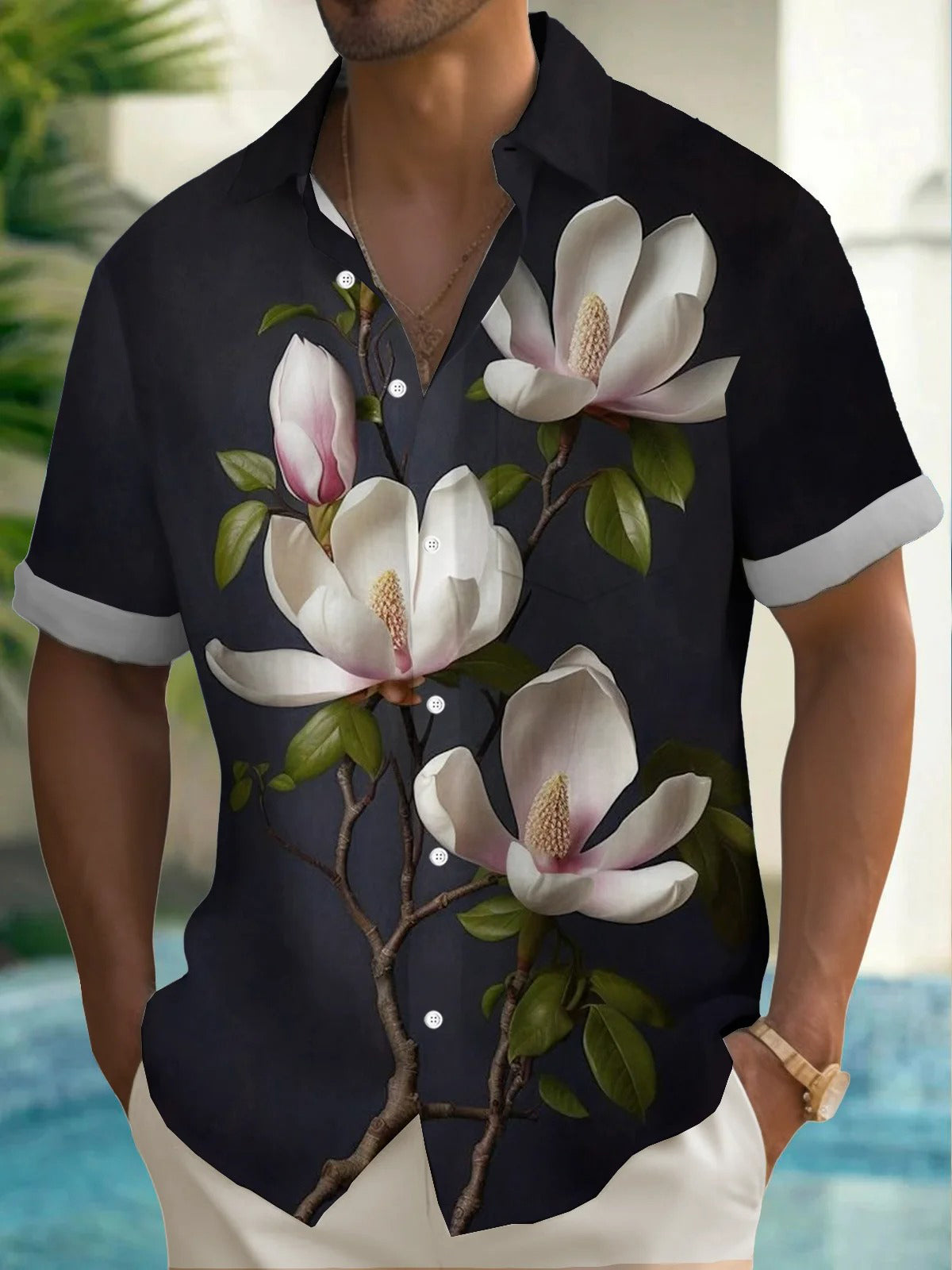 Floral Art Print Men's Pocket Short Sleeve Shirts