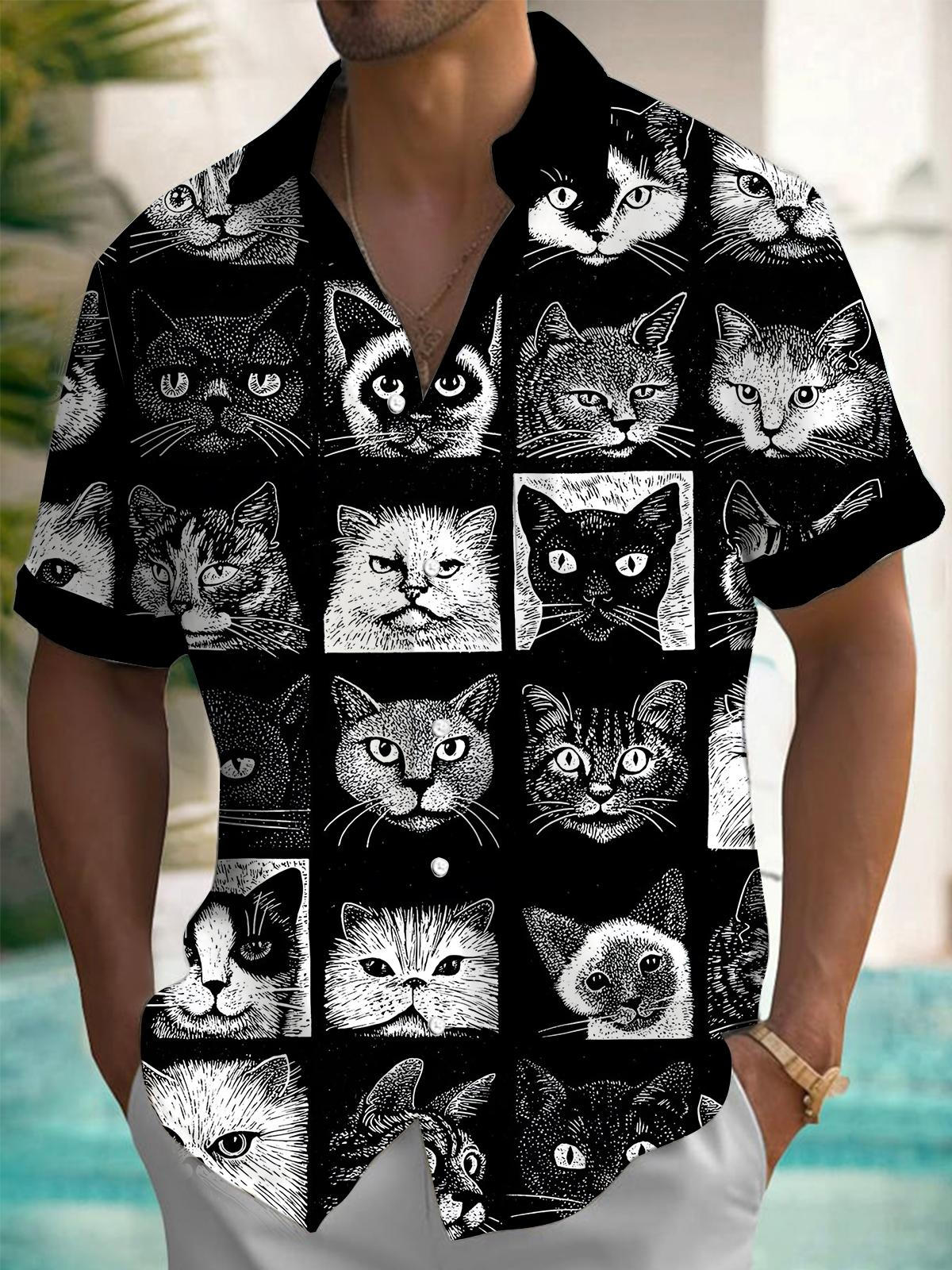 Cat Print Men's Pocket Short Sleeve Shirts