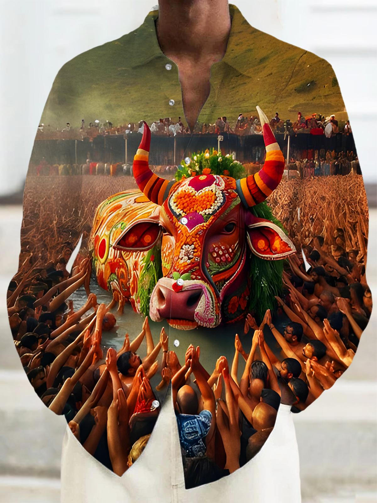 Decorated Bull Festival Religion Prayer Harvest Men's Pocket Long Sleeve Shirts
